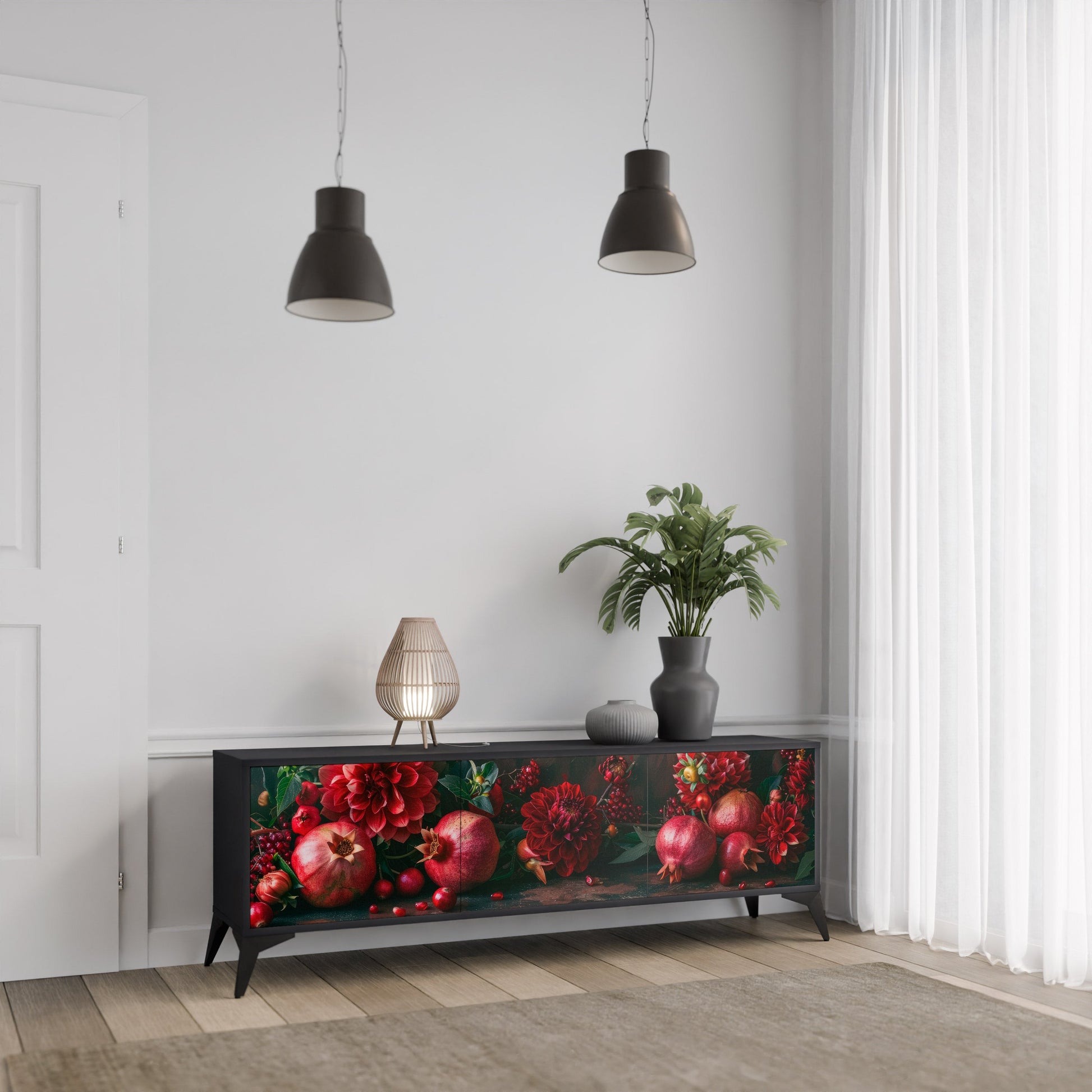 Meuble TV 3 portes DAHLIAS ET GRENADES, finition noire