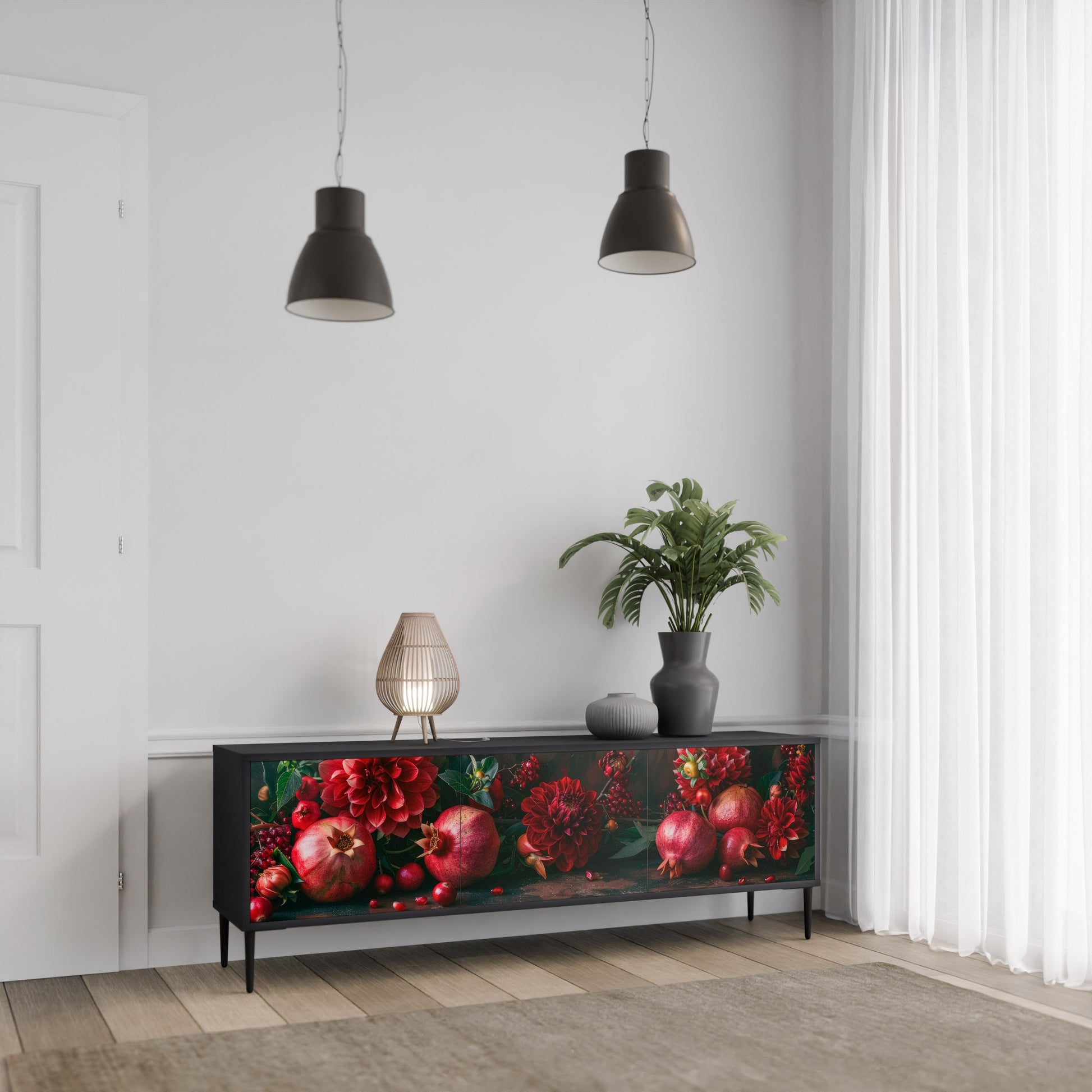 Meuble TV 3 portes DAHLIAS ET GRENADES, finition noire