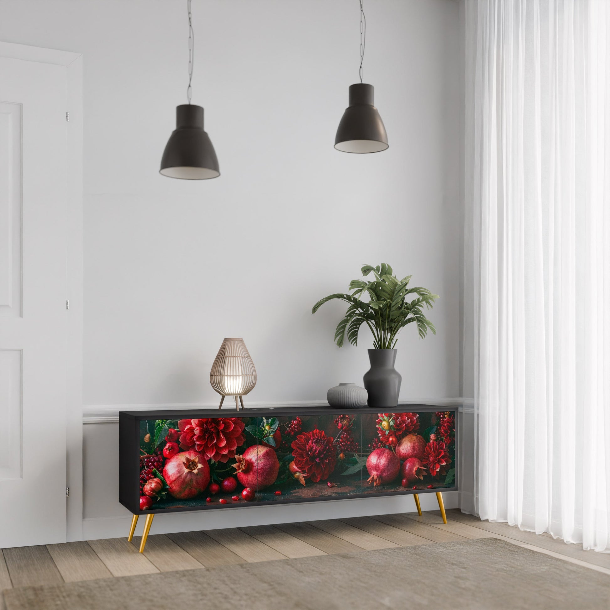 Meuble TV 3 portes DAHLIAS ET GRENADES, finition noire