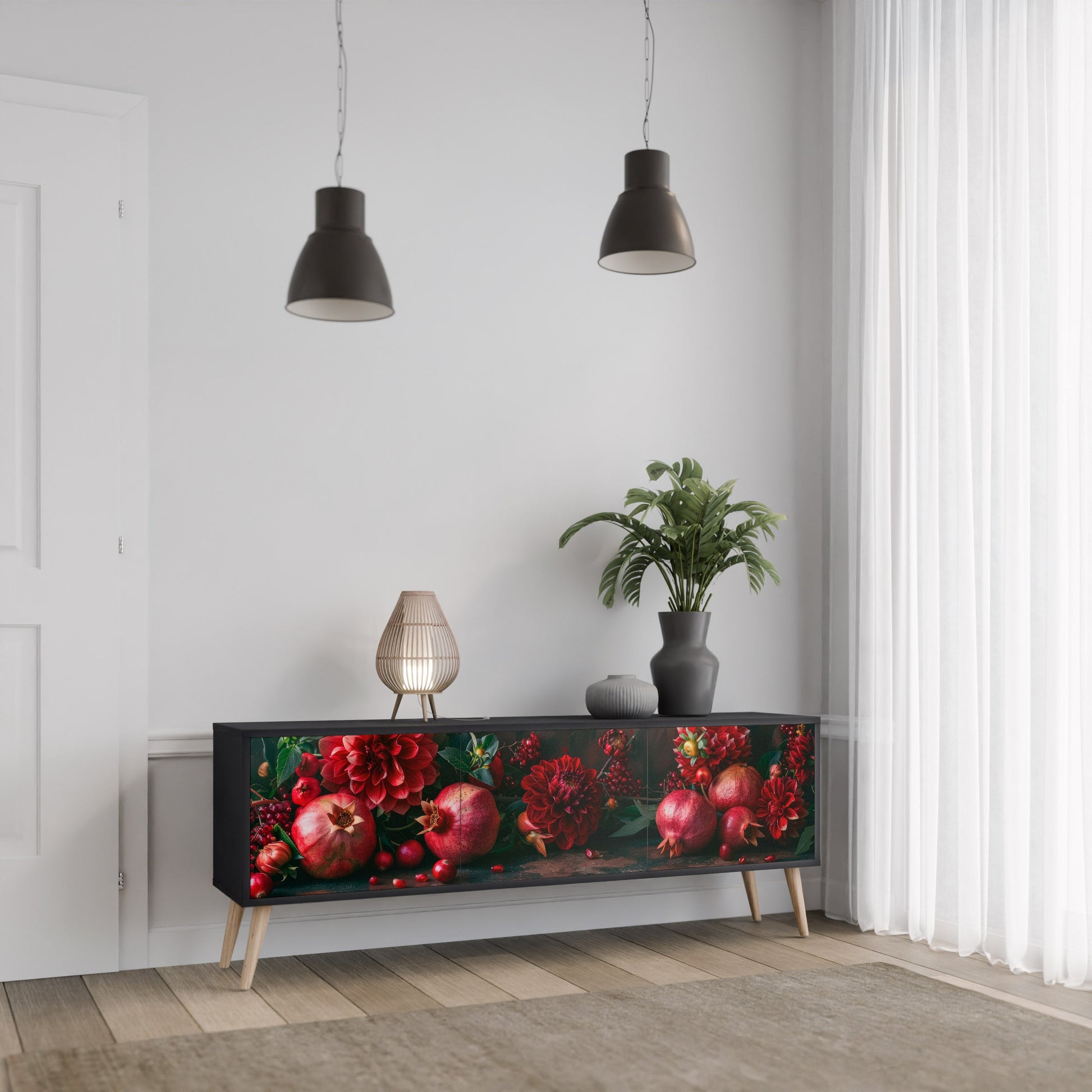 Meuble TV 3 portes DAHLIAS ET GRENADES, finition noire
