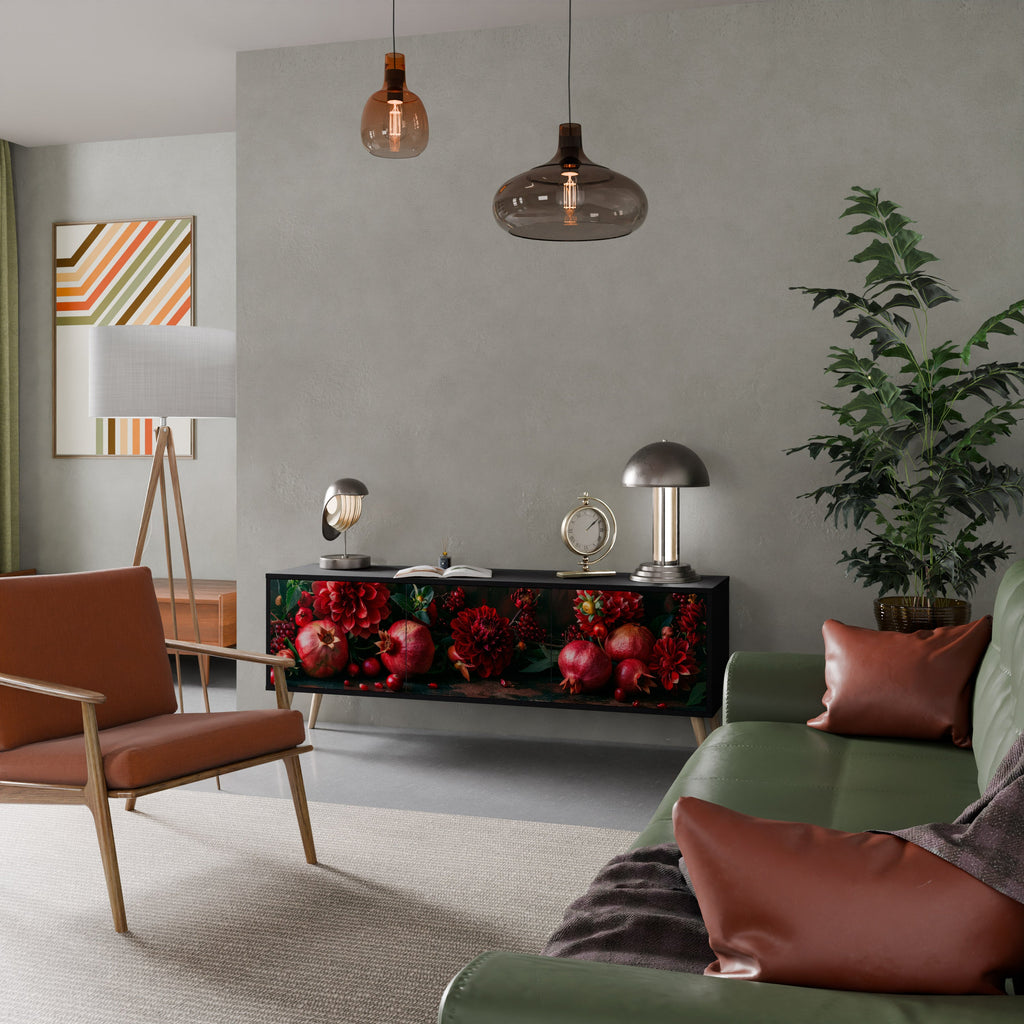 Meuble TV 3 portes DAHLIAS ET GRENADES, finition noire