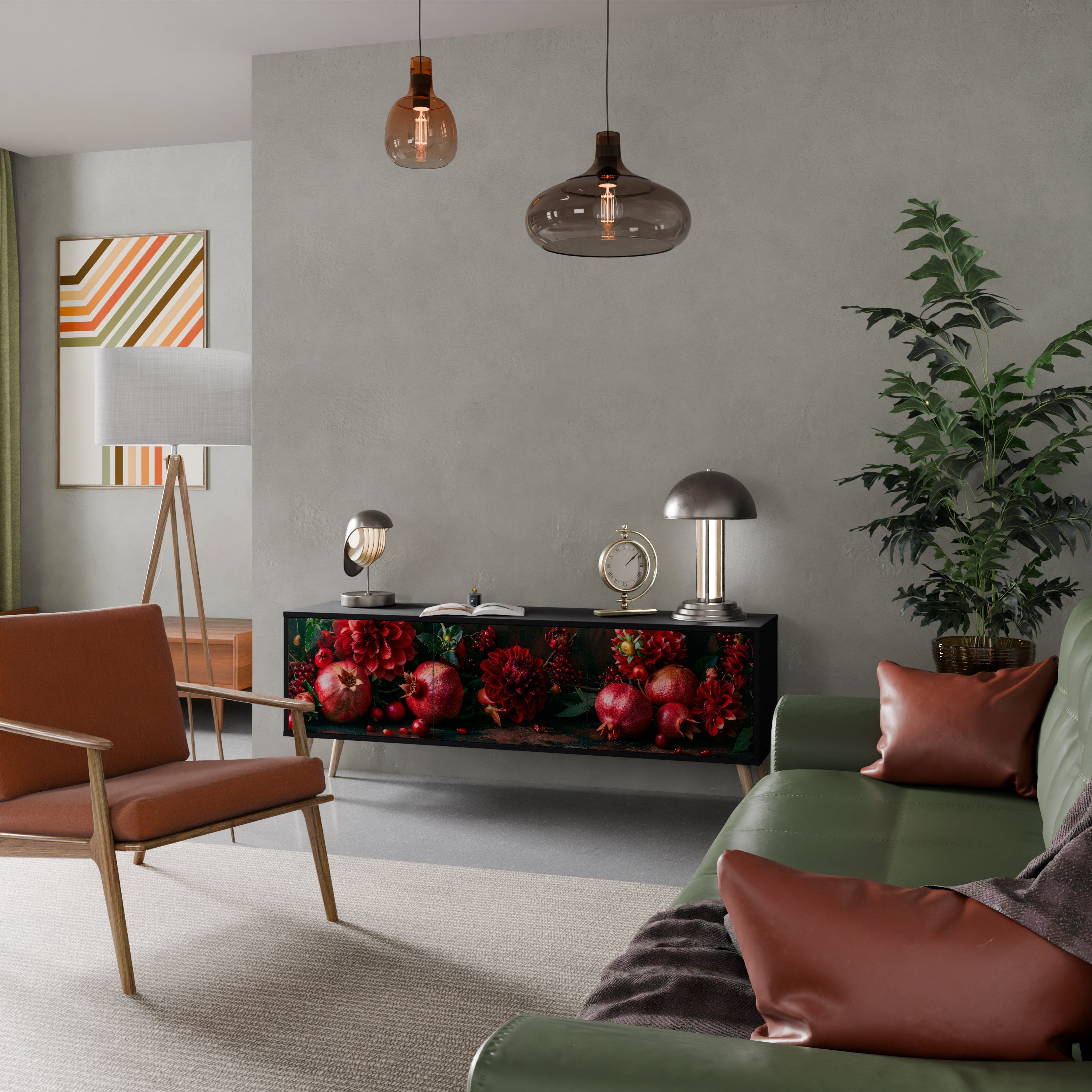 Meuble TV 3 portes DAHLIAS ET GRENADES, finition noire