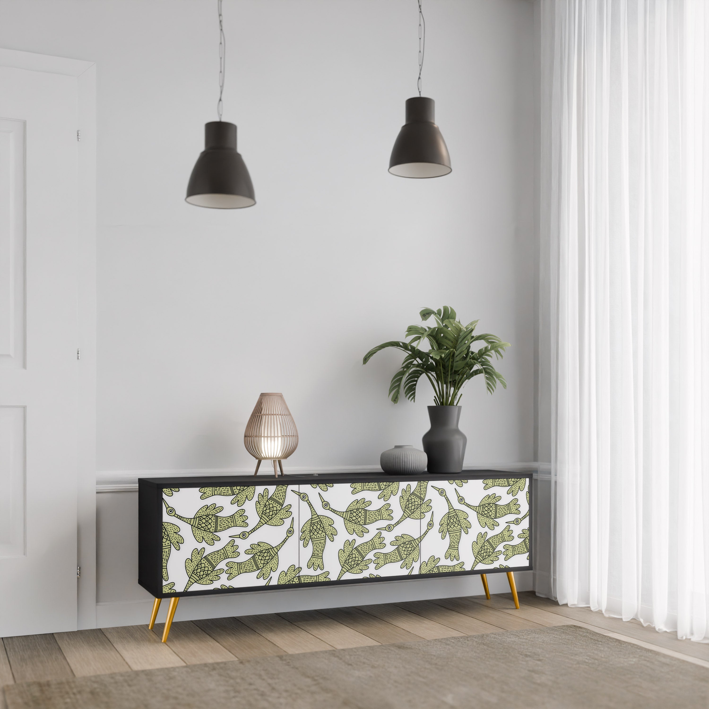 Meuble TV 3 portes SEEDLING SONGBIRD, finition noire