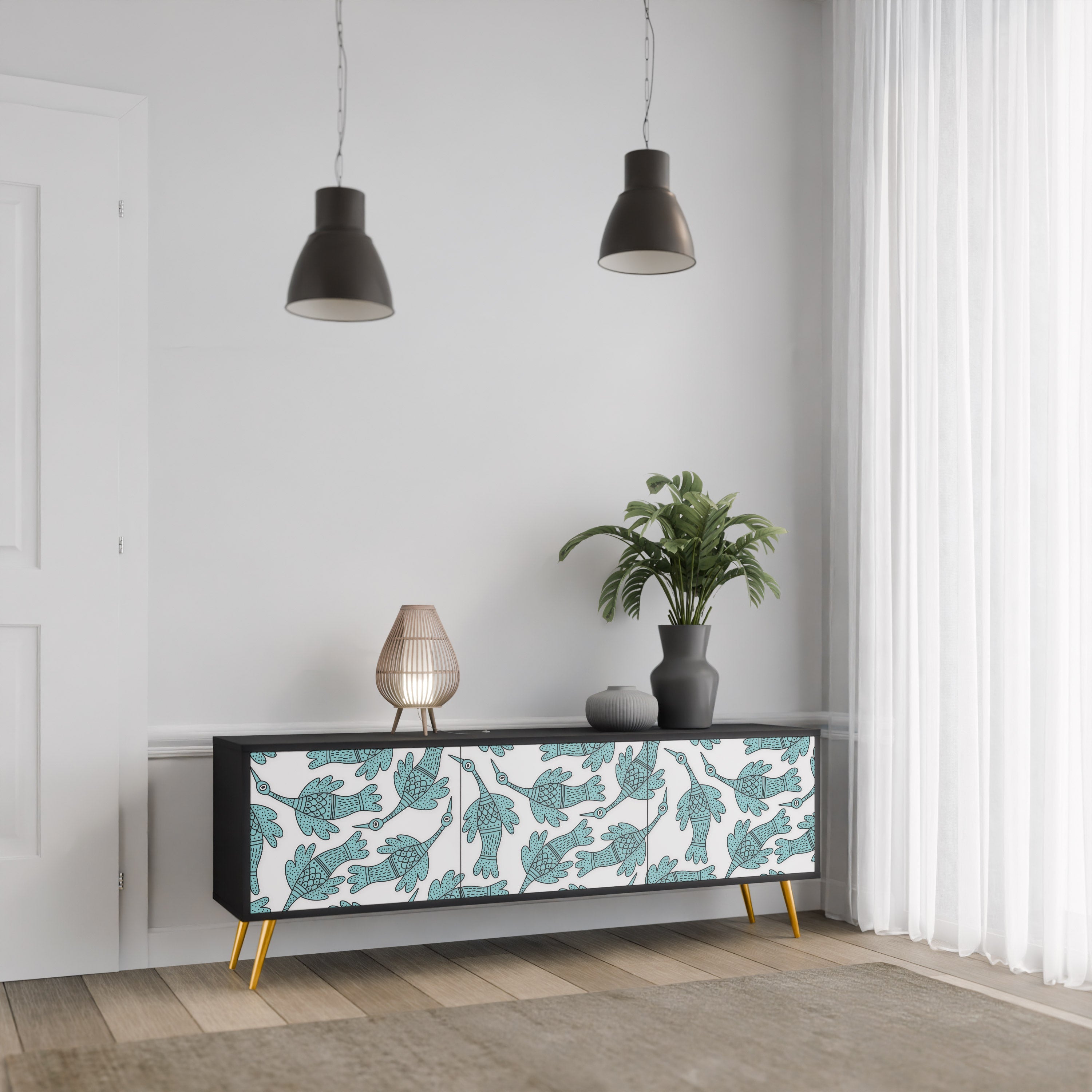 Meuble TV 3 portes WATERSPOUT SONGIBIRD, finition noire