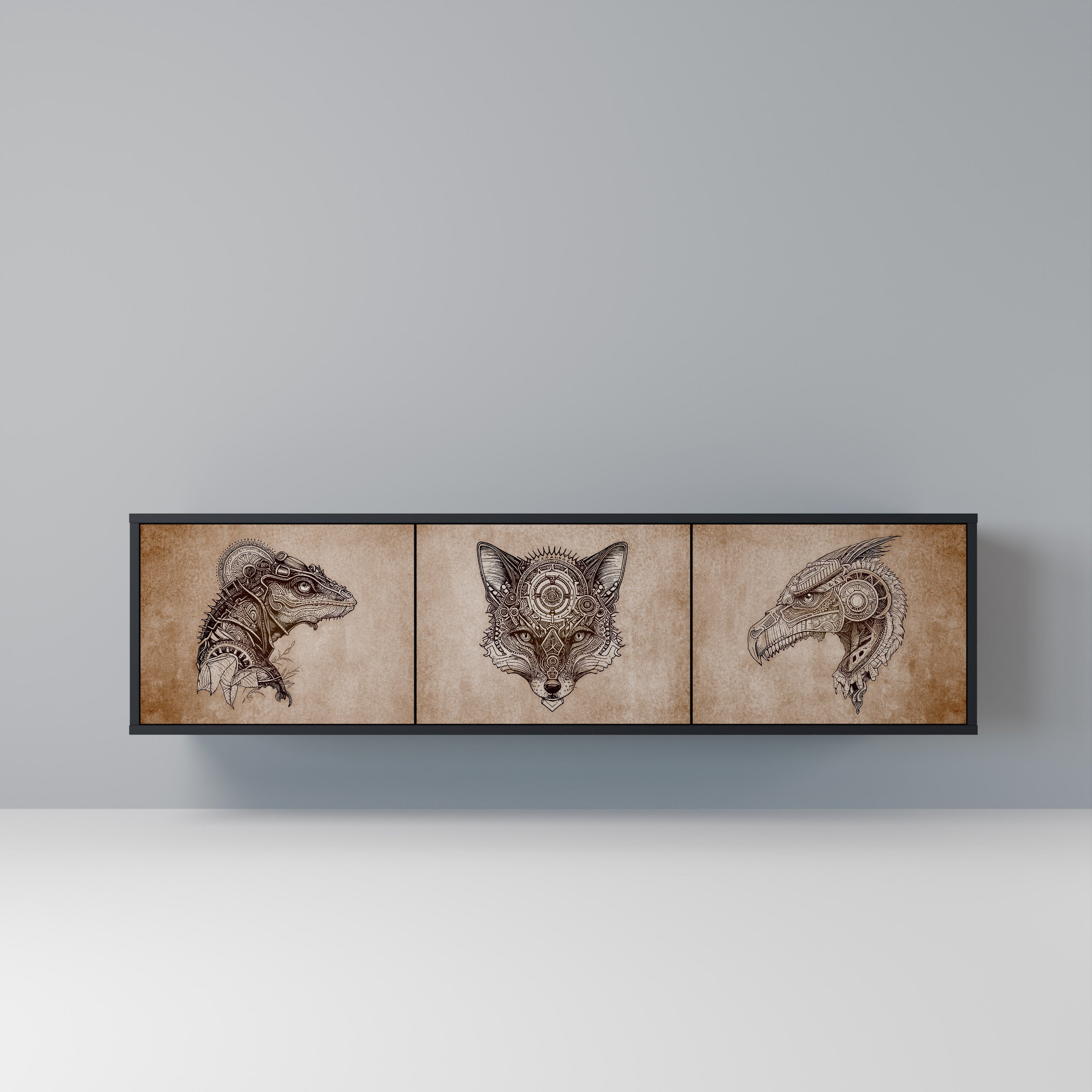 Meuble TV 3 portes STEAMPUNK CLAN finition noire