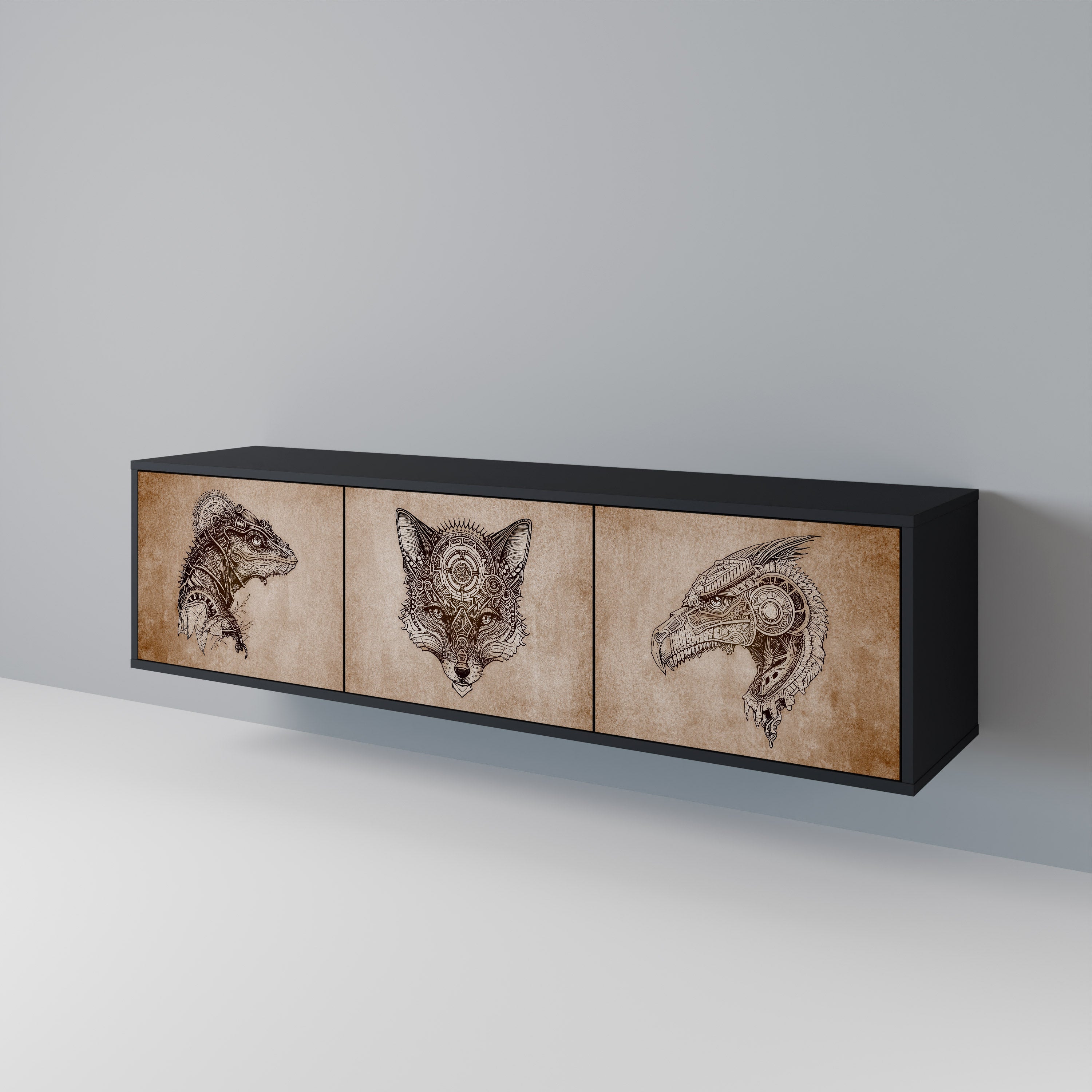 Meuble TV 3 portes STEAMPUNK CLAN finition noire