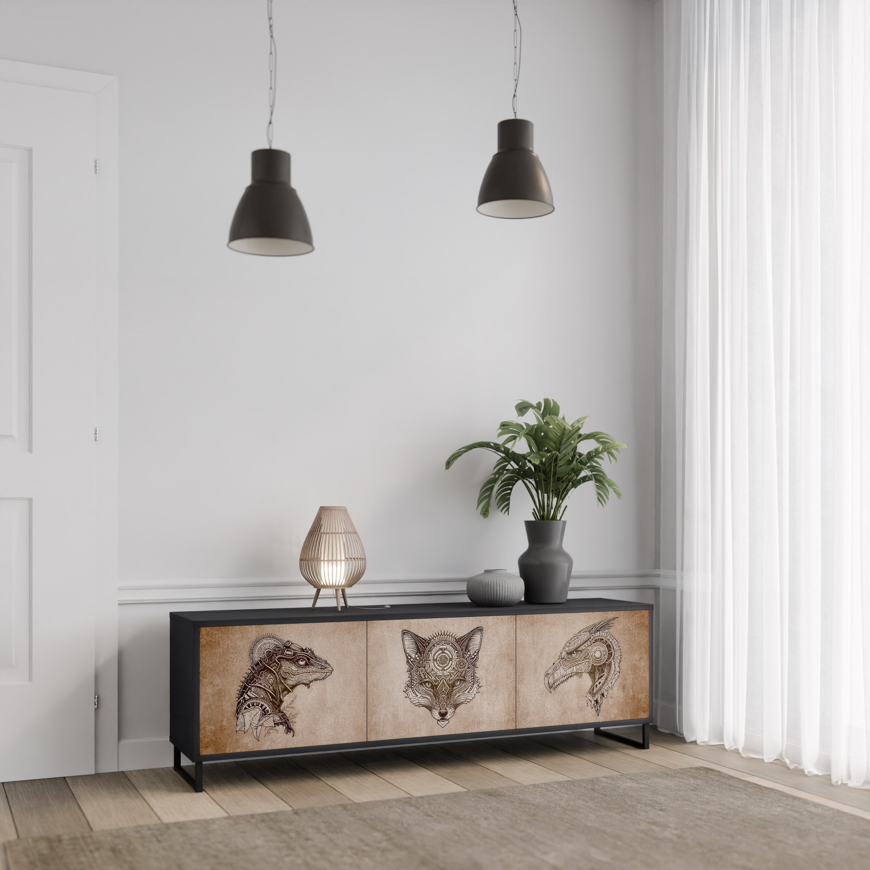 Meuble TV 3 portes STEAMPUNK CLAN finition noire