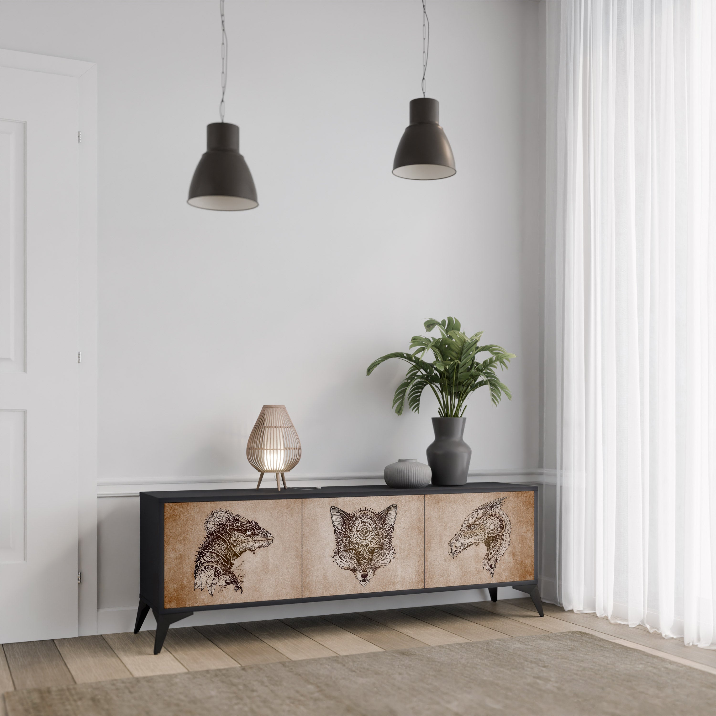 Meuble TV 3 portes STEAMPUNK CLAN finition noire