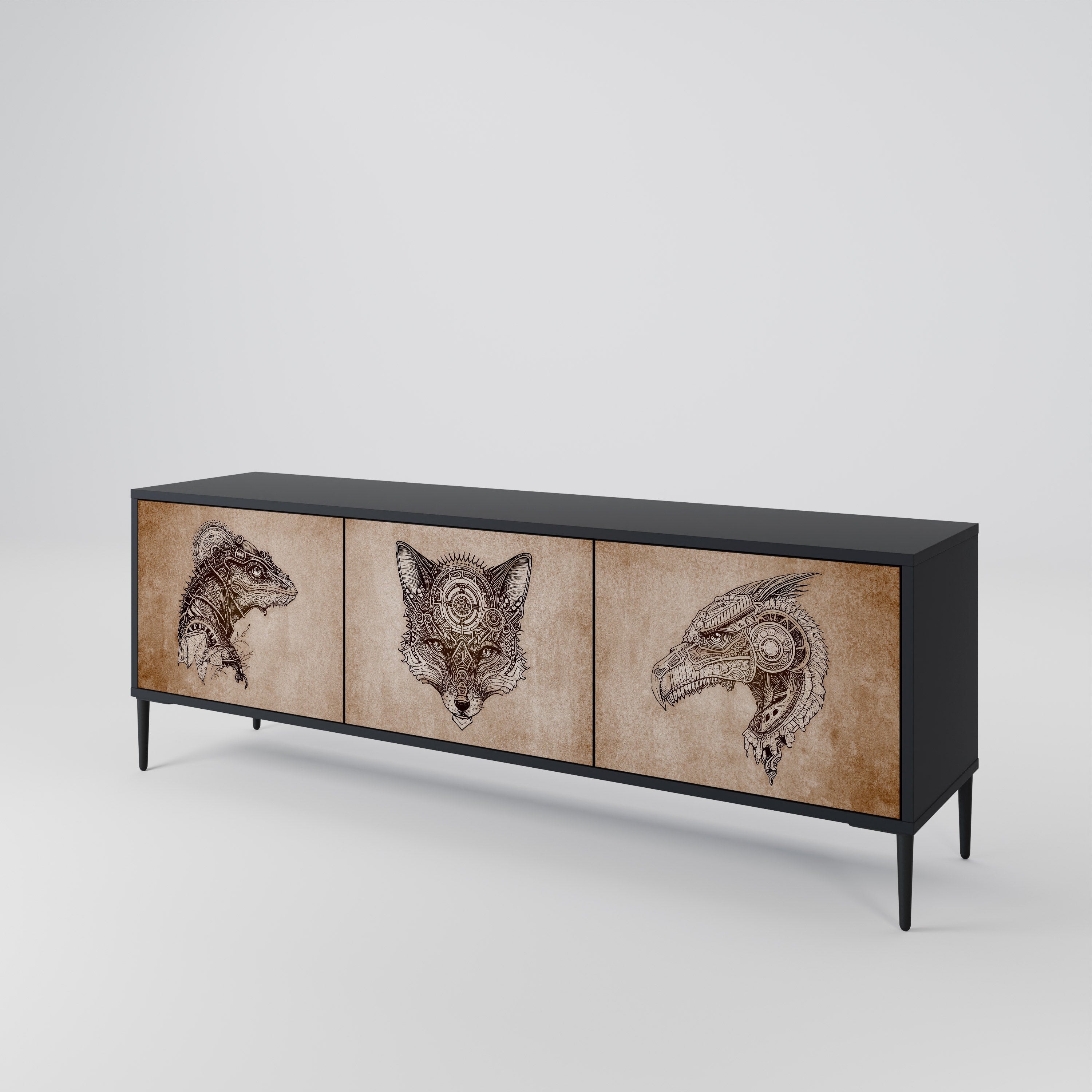 Meuble TV 3 portes STEAMPUNK CLAN finition noire