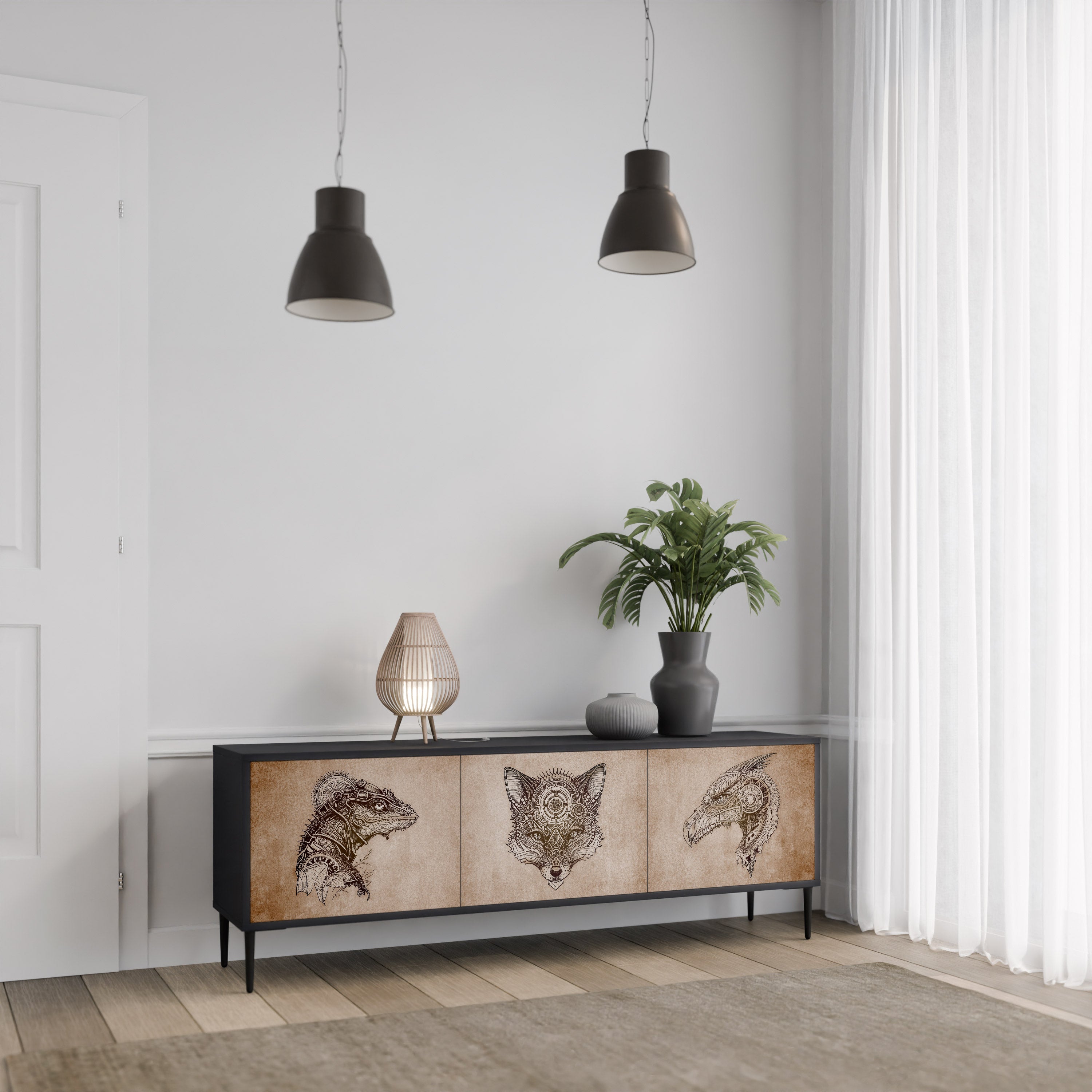 Meuble TV 3 portes STEAMPUNK CLAN finition noire