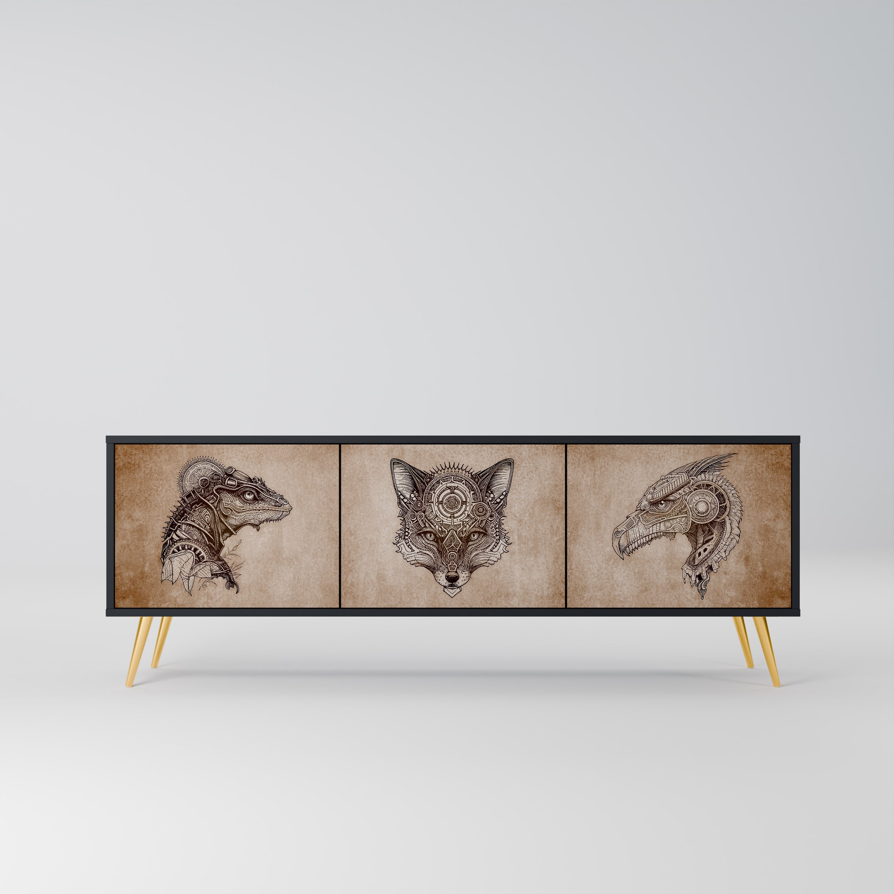 Meuble TV 3 portes STEAMPUNK CLAN finition noire