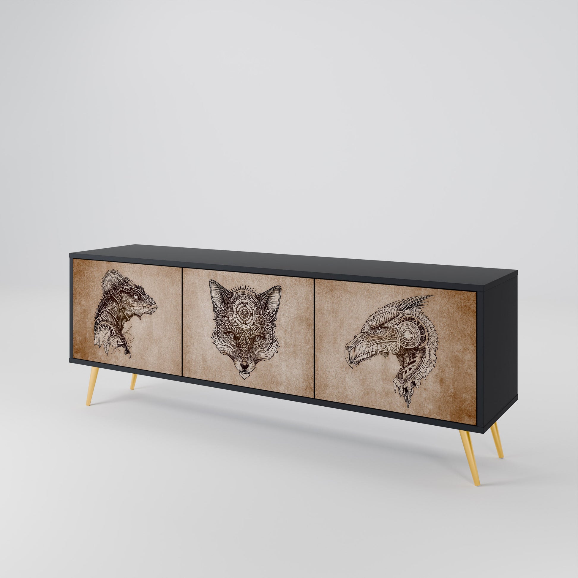 Meuble TV 3 portes STEAMPUNK CLAN finition noire