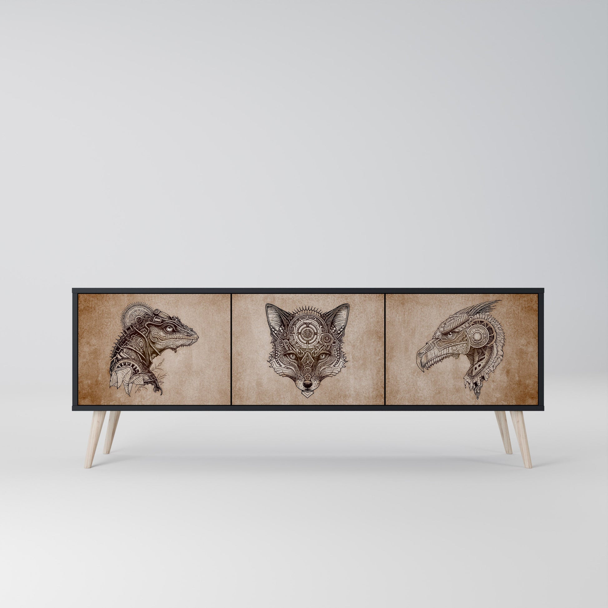 Meuble TV 3 portes STEAMPUNK CLAN finition noire