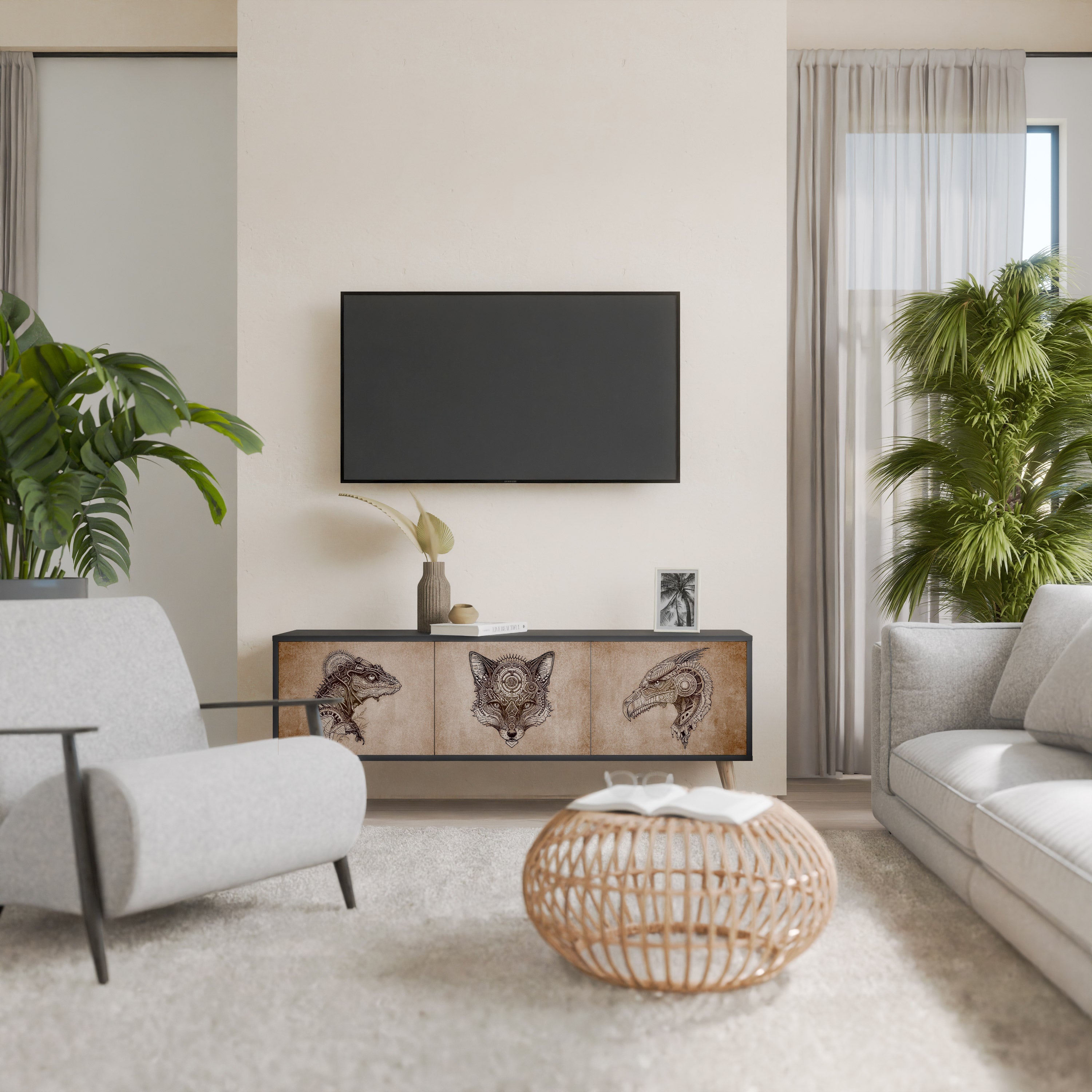 Meuble TV 3 portes STEAMPUNK CLAN finition noire