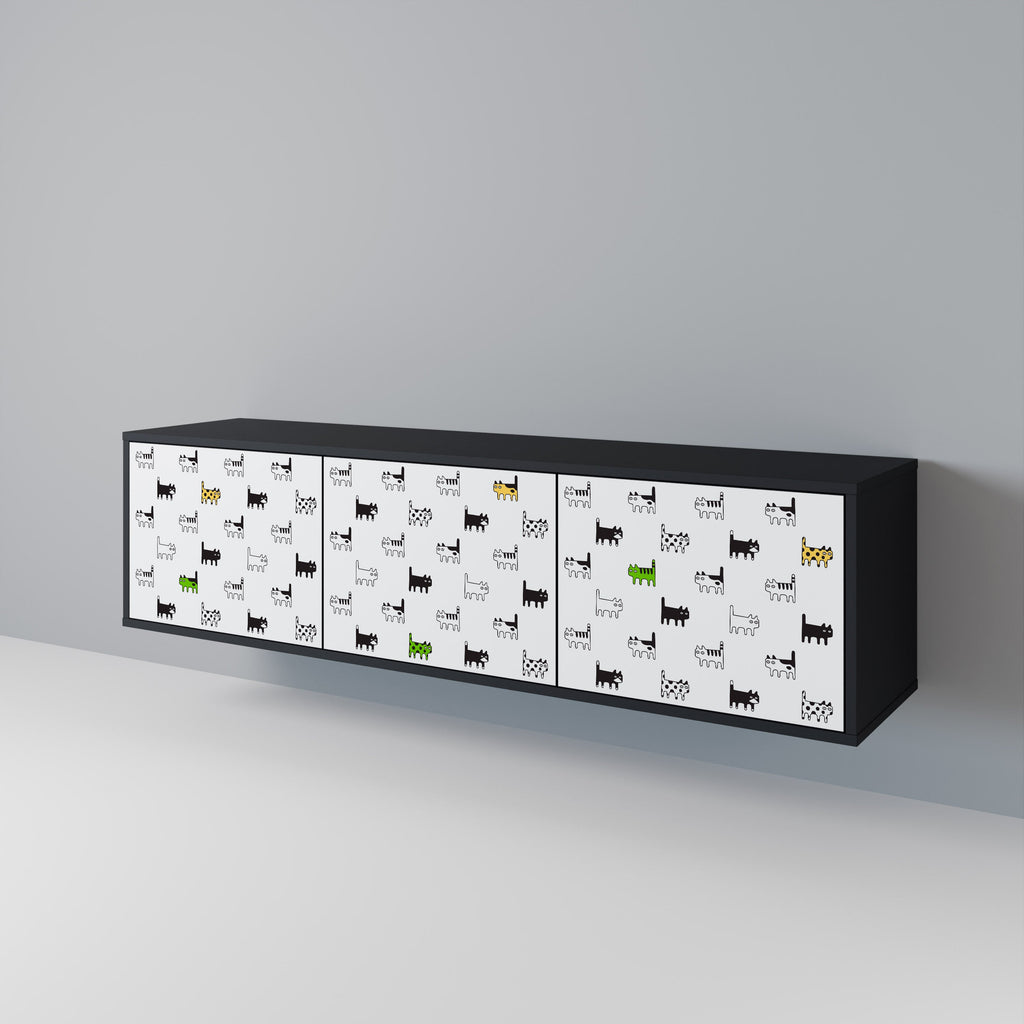Meuble TV 3 portes CATS COMPILATION, finition noire