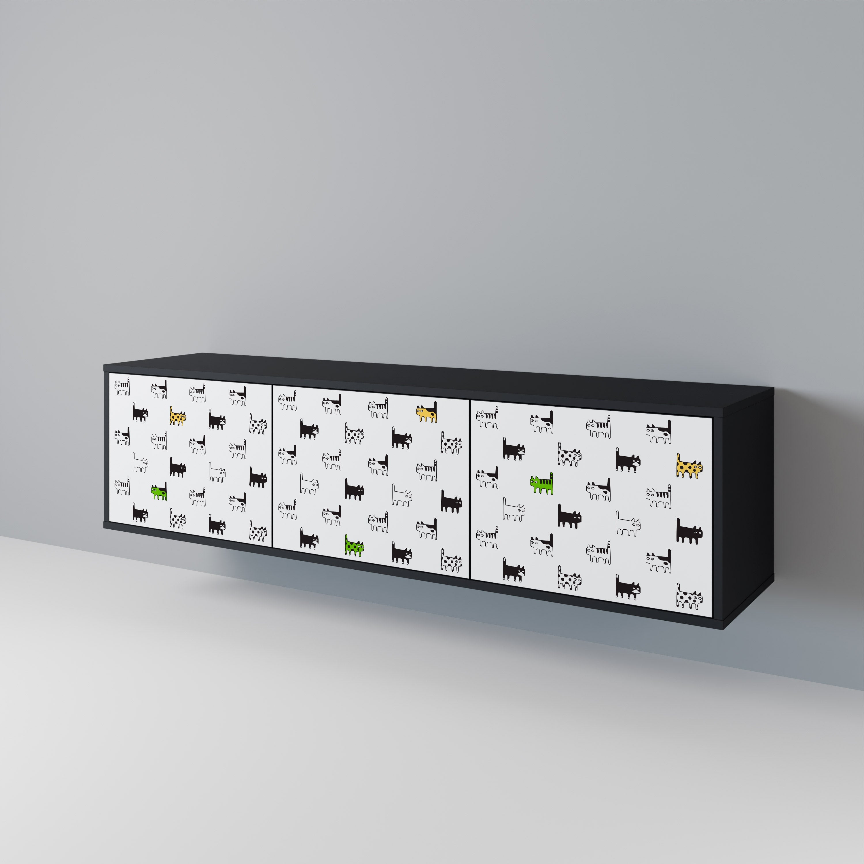 Meuble TV 3 portes CATS COMPILATION, finition noire