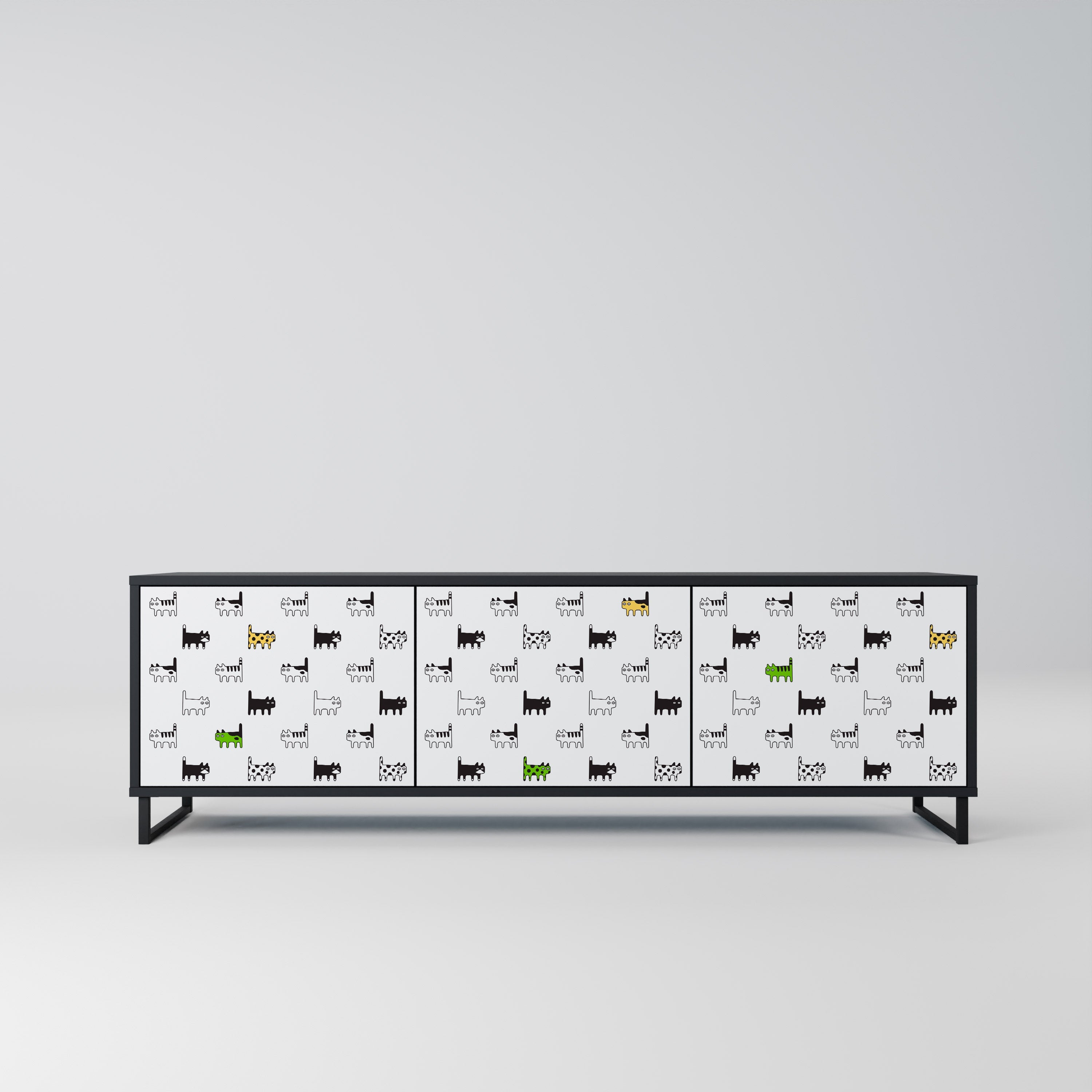 Meuble TV 3 portes CATS COMPILATION, finition noire