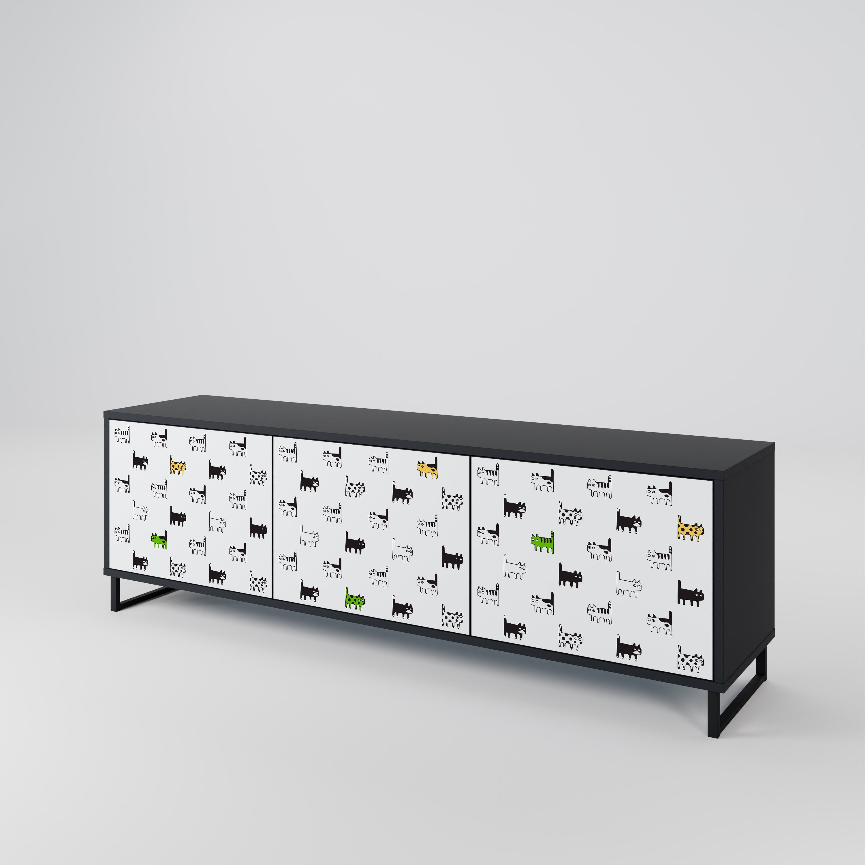 Meuble TV 3 portes CATS COMPILATION, finition noire