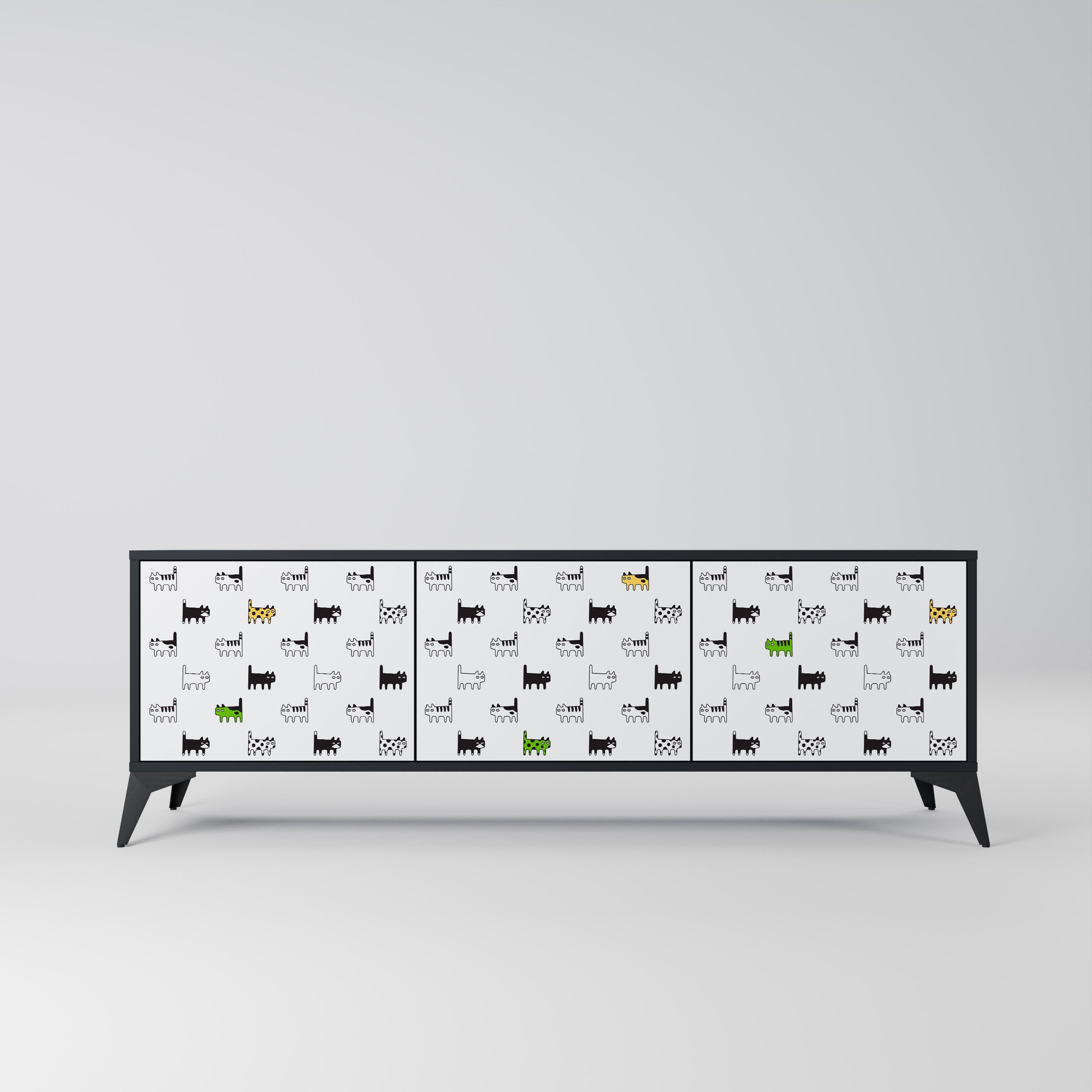 Meuble TV 3 portes CATS COMPILATION, finition noire