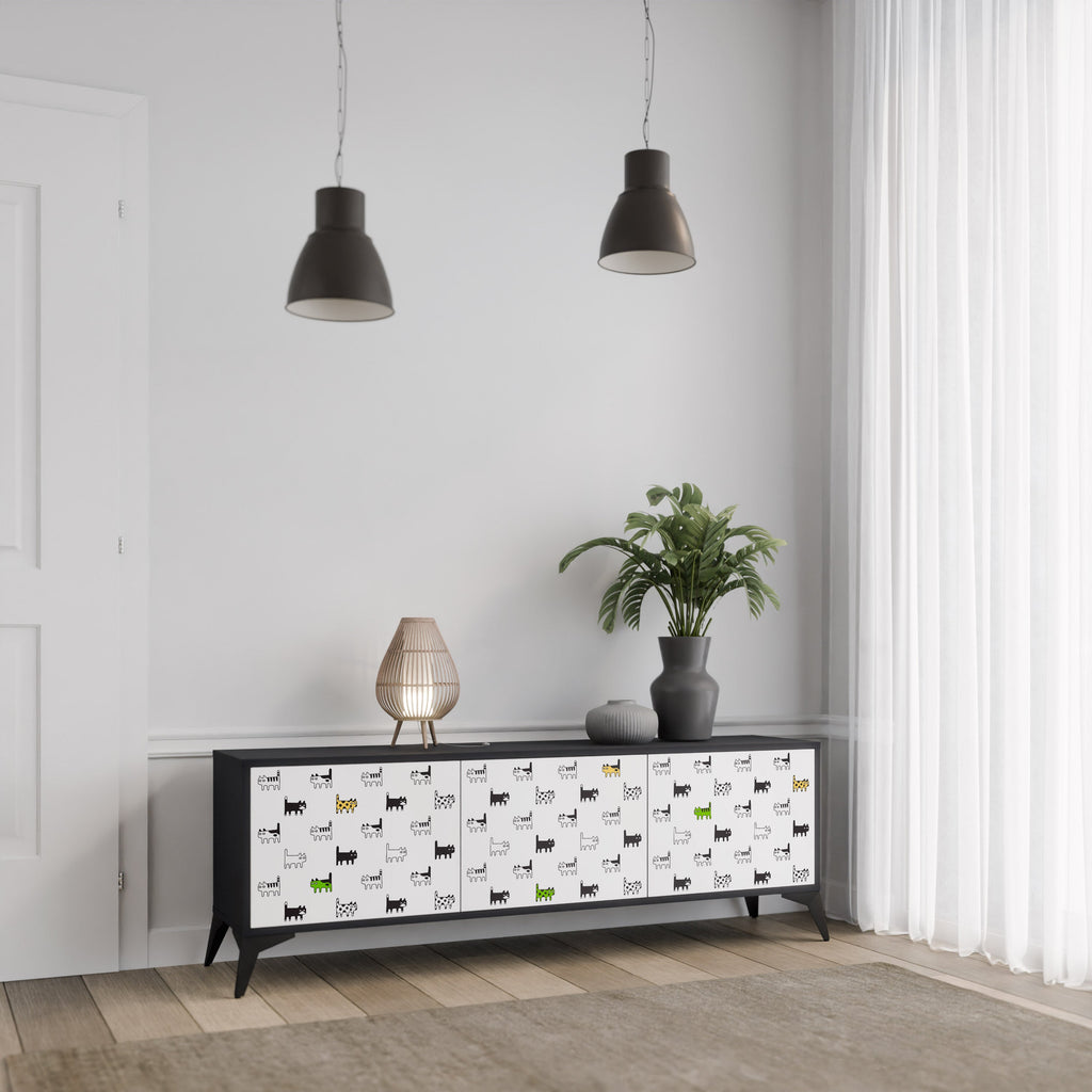 Meuble TV 3 portes CATS COMPILATION, finition noire