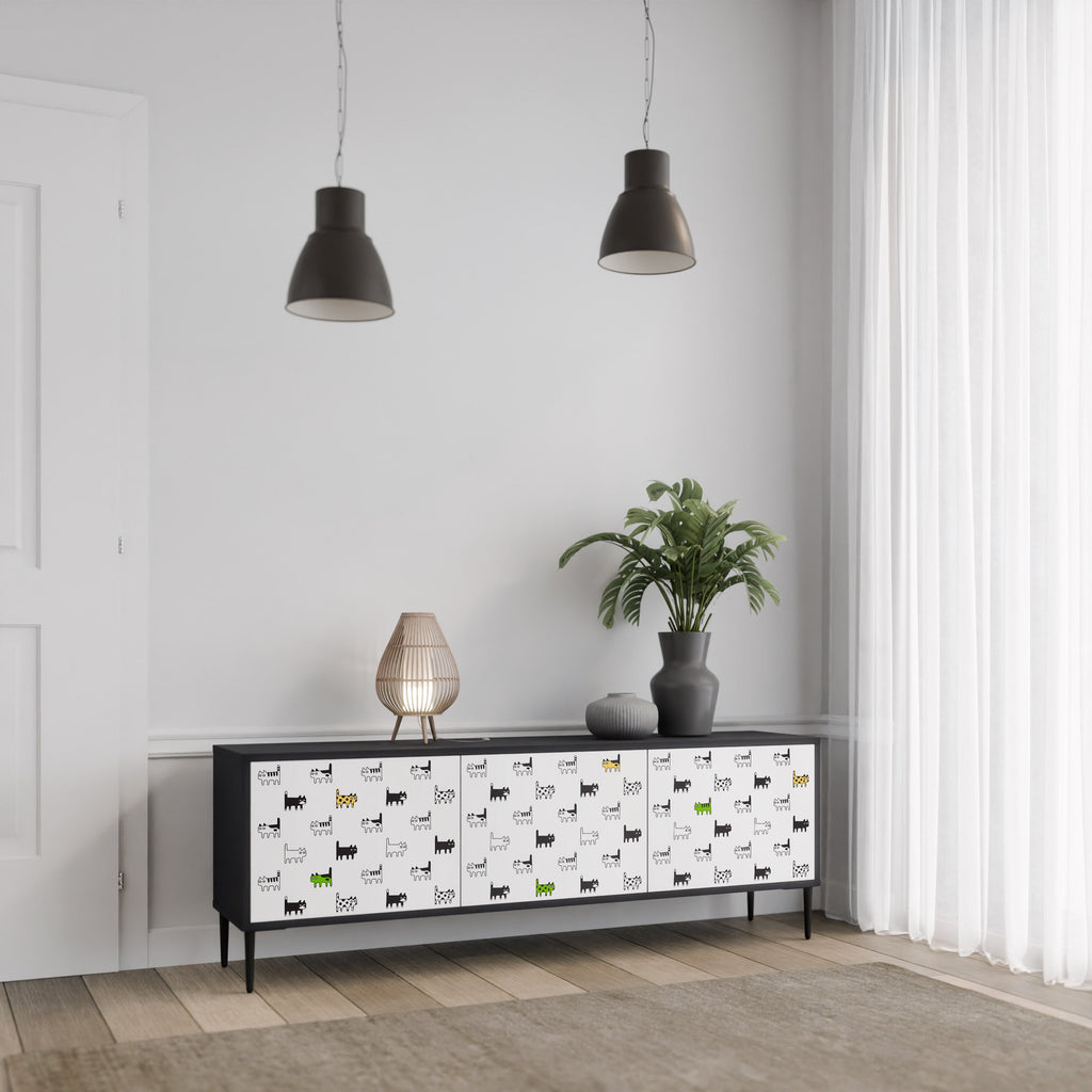 Meuble TV 3 portes CATS COMPILATION, finition noire