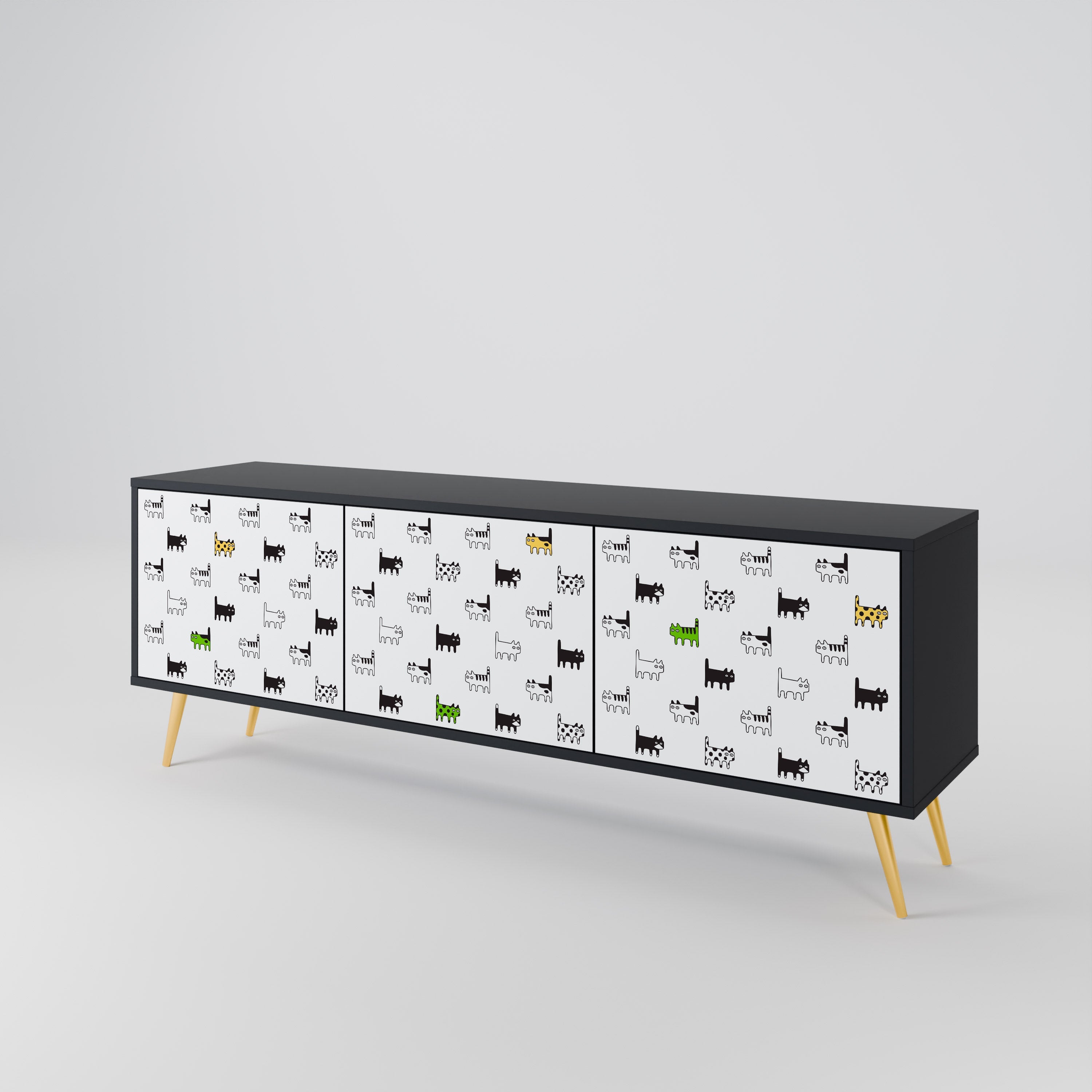 Meuble TV 3 portes CATS COMPILATION, finition noire