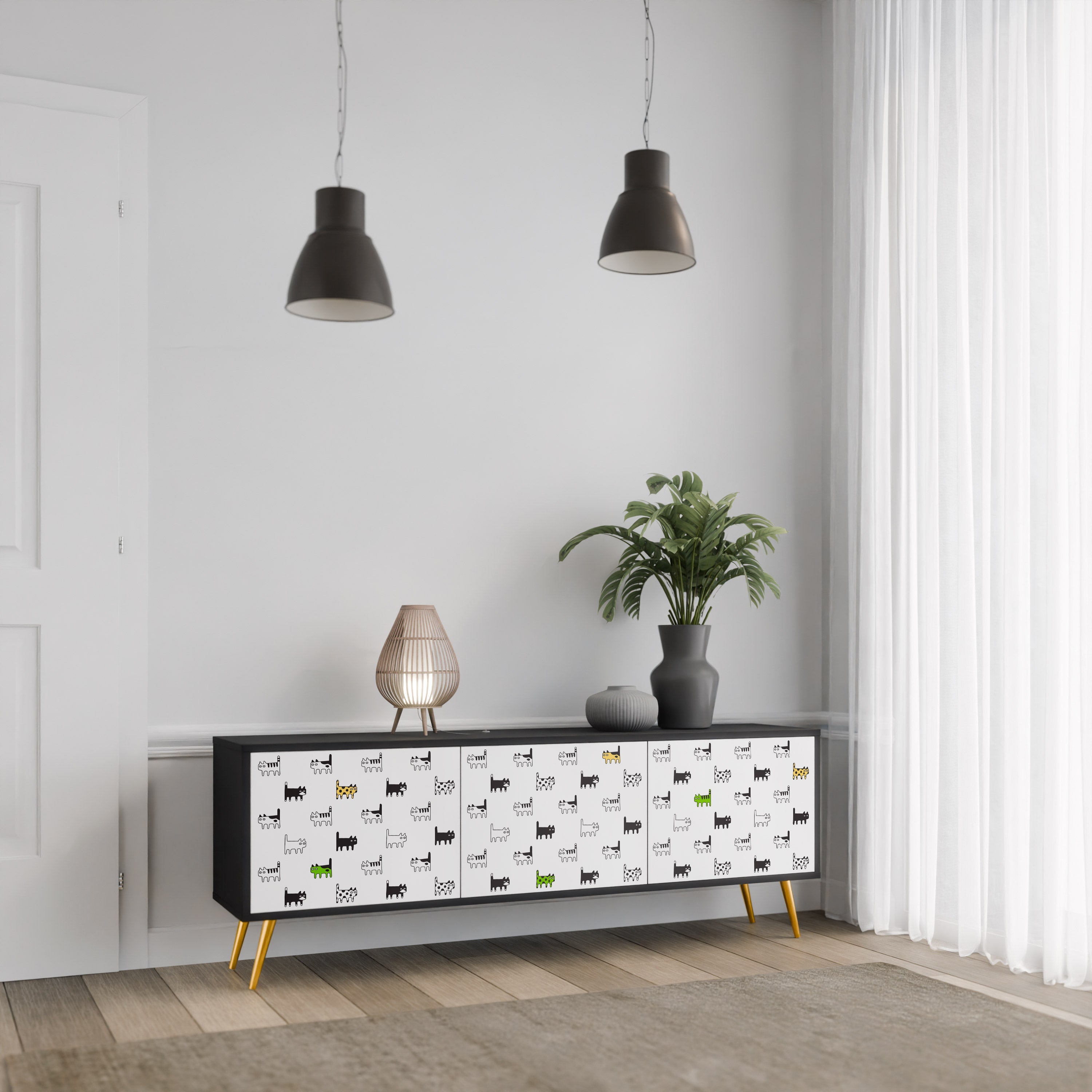 Meuble TV 3 portes CATS COMPILATION, finition noire