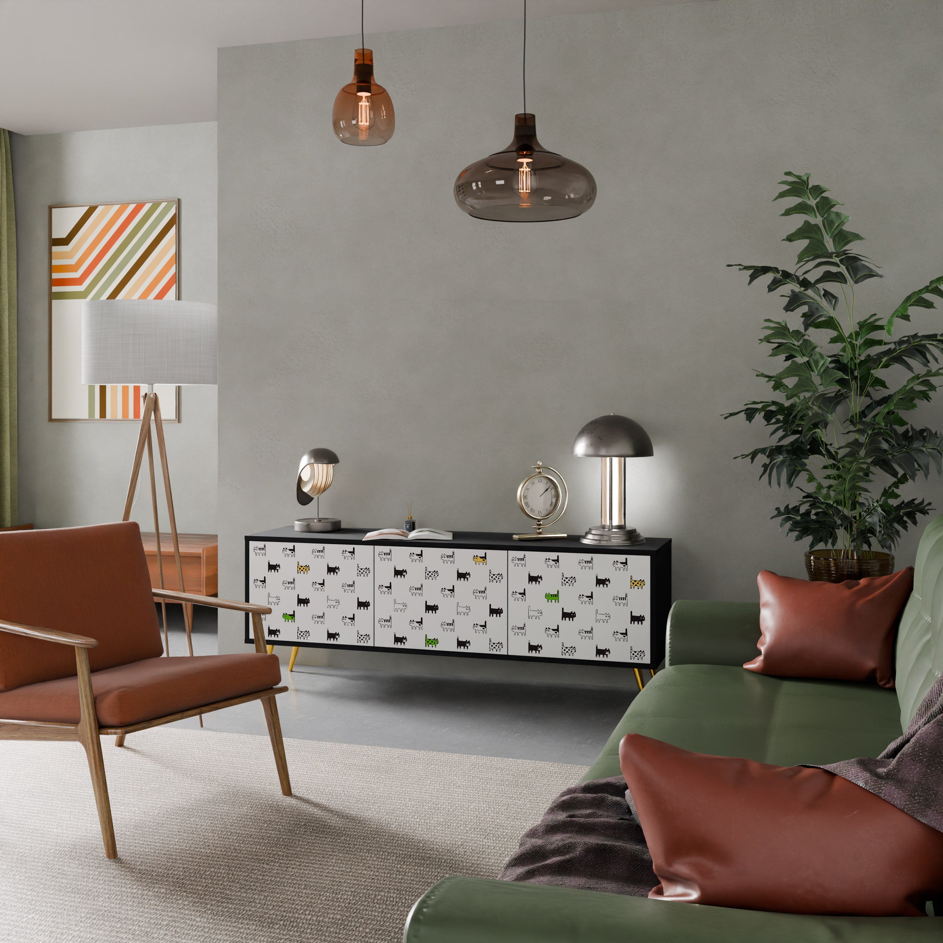 Meuble TV 3 portes CATS COMPILATION, finition noire