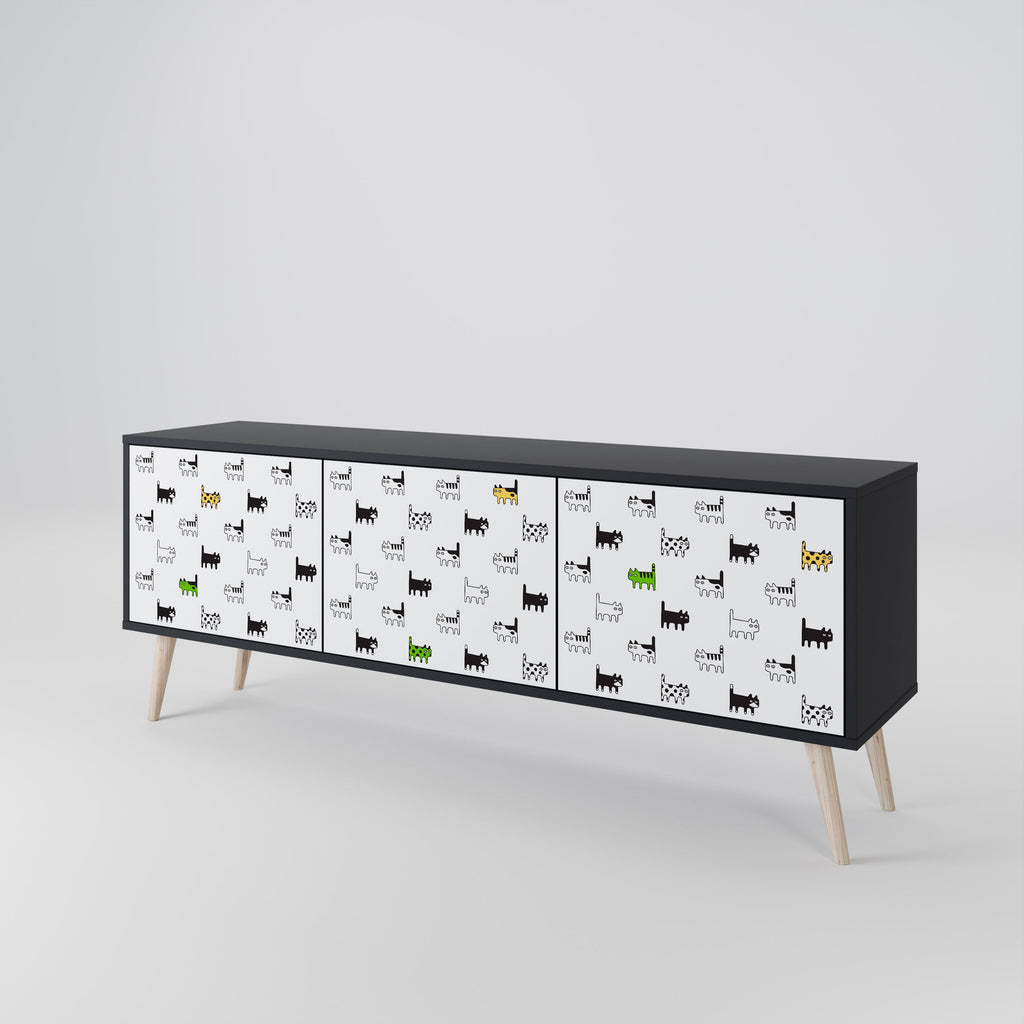 Meuble TV 3 portes CATS COMPILATION, finition noire