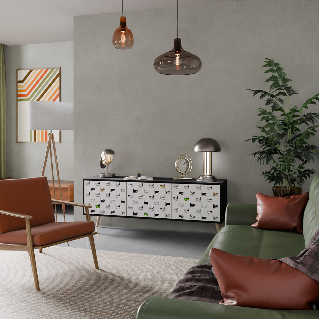 Meuble TV 3 portes CATS COMPILATION, finition noire