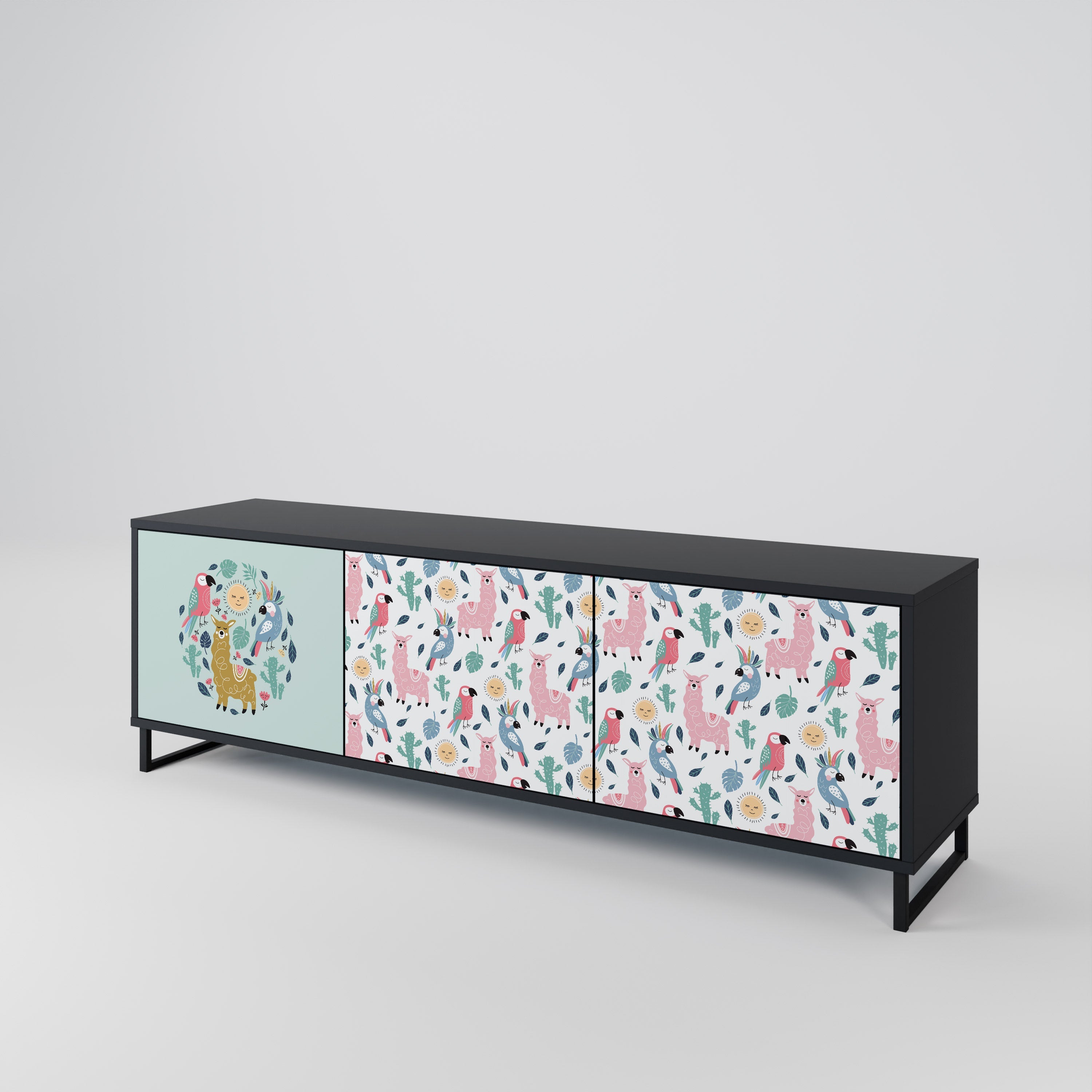 Meuble TV 3 portes COLORFUL ALPACAS finition noire
