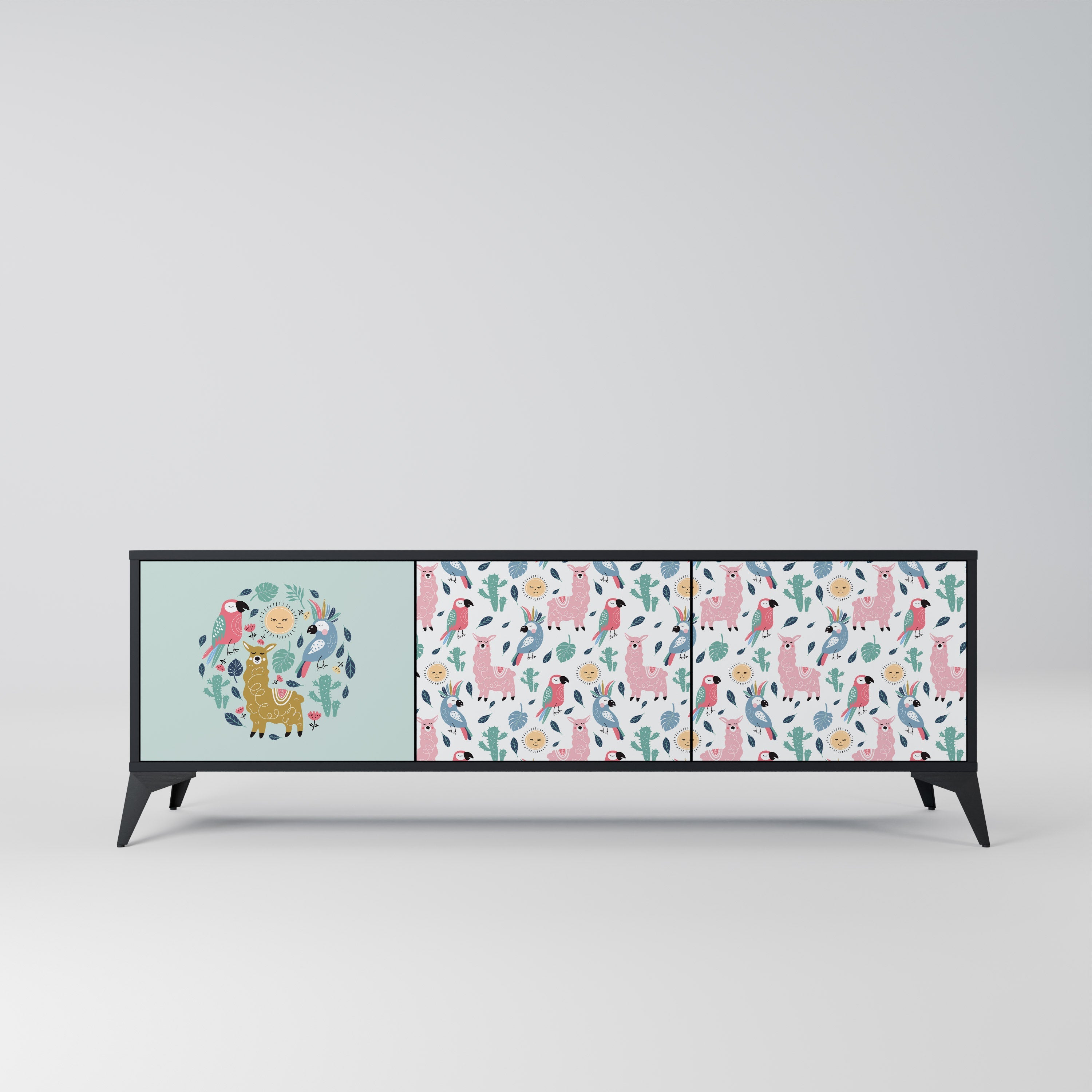 Meuble TV 3 portes COLORFUL ALPACAS finition noire