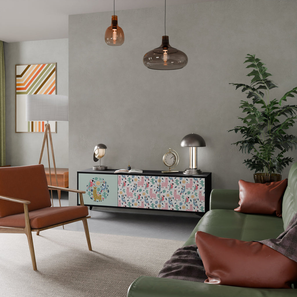 Meuble TV 3 portes COLORFUL ALPACAS finition noire