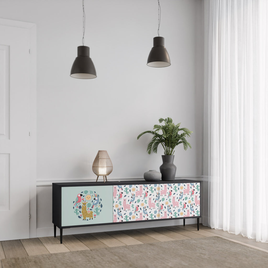 Meuble TV 3 portes COLORFUL ALPACAS finition noire