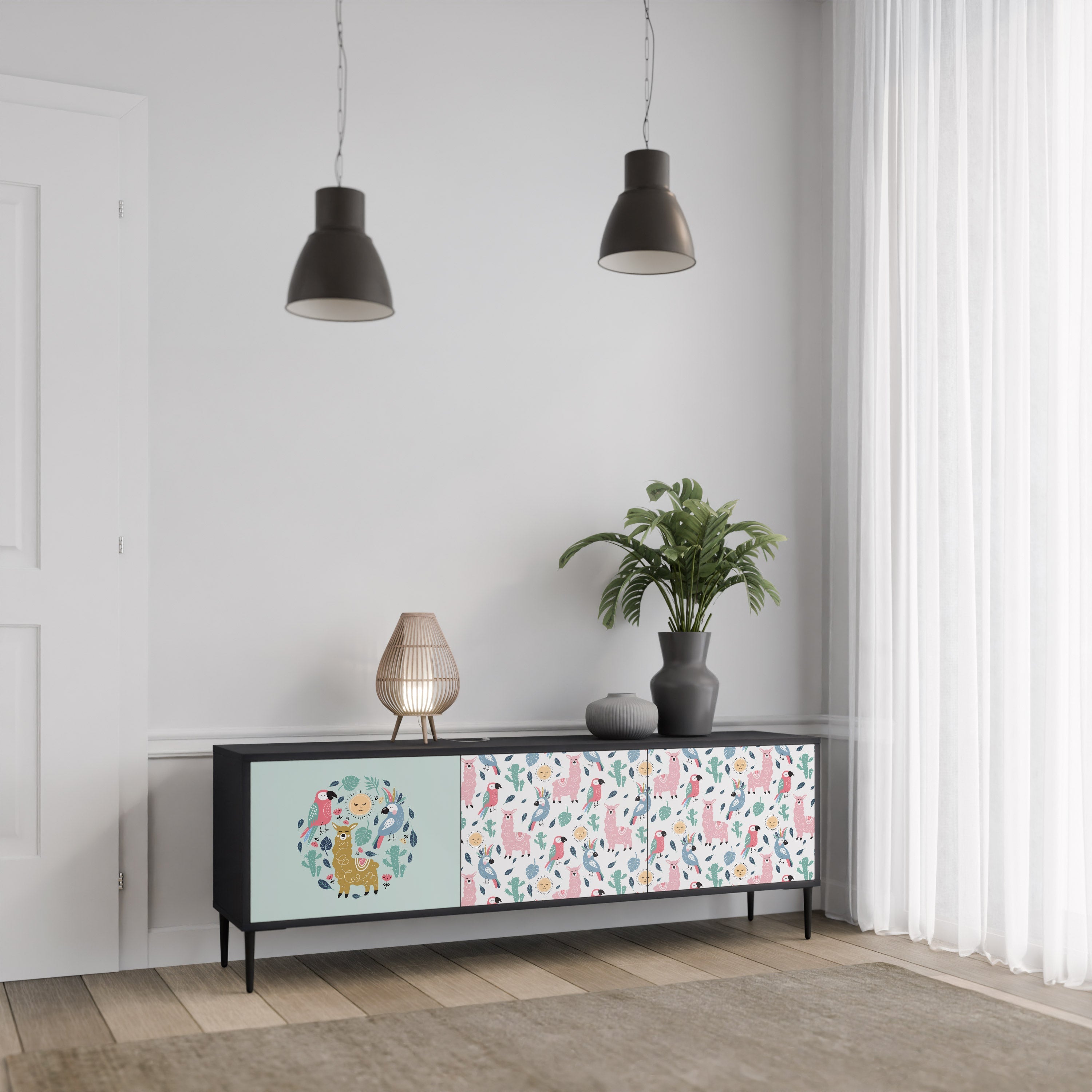 Meuble TV 3 portes COLORFUL ALPACAS finition noire