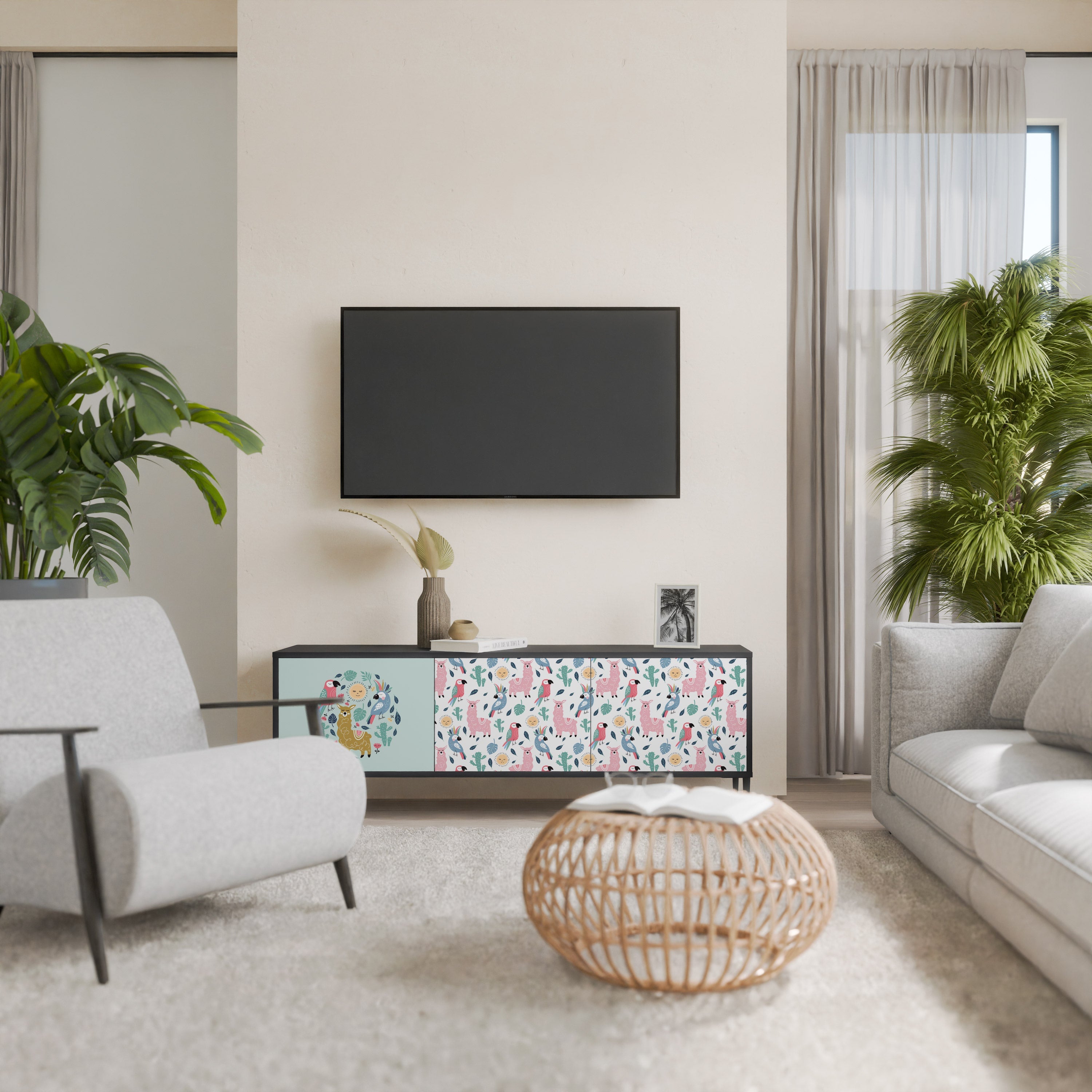Meuble TV 3 portes COLORFUL ALPACAS finition noire