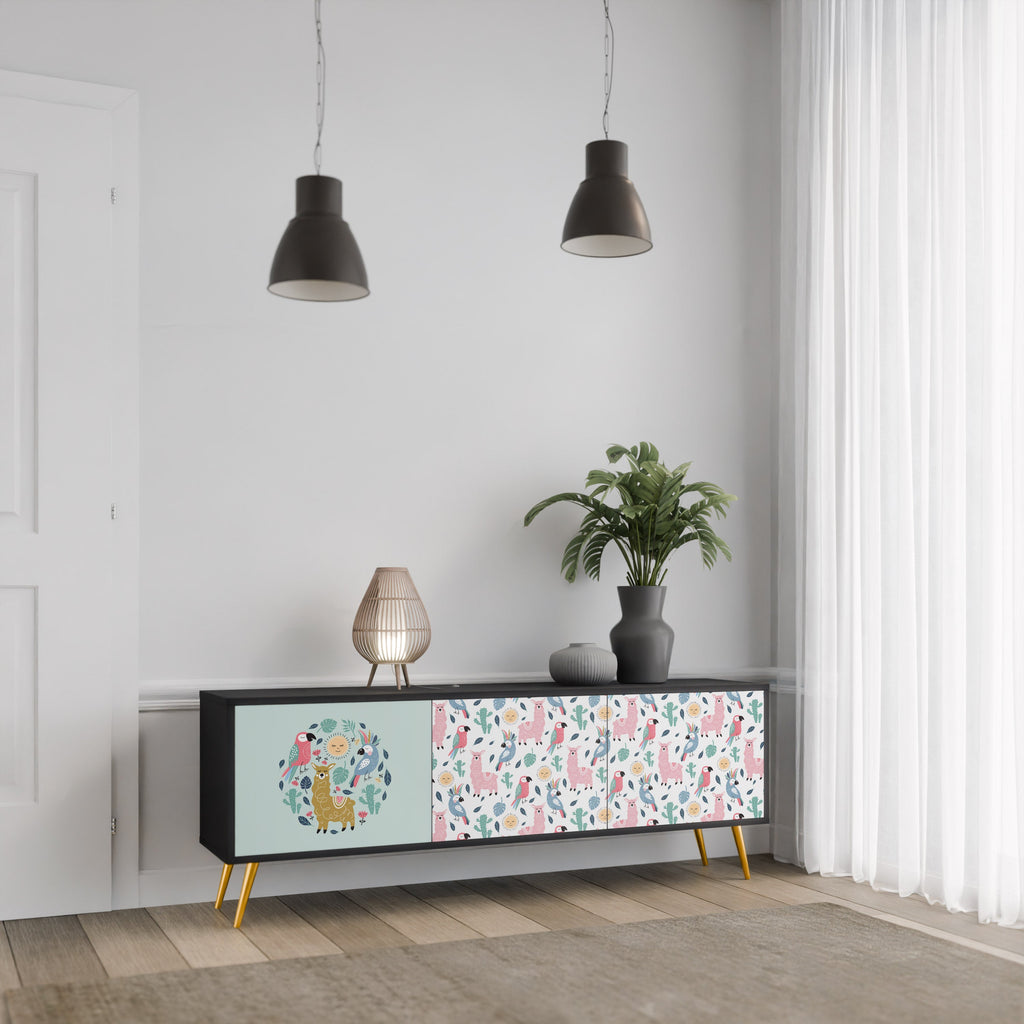 Meuble TV 3 portes COLORFUL ALPACAS finition noire
