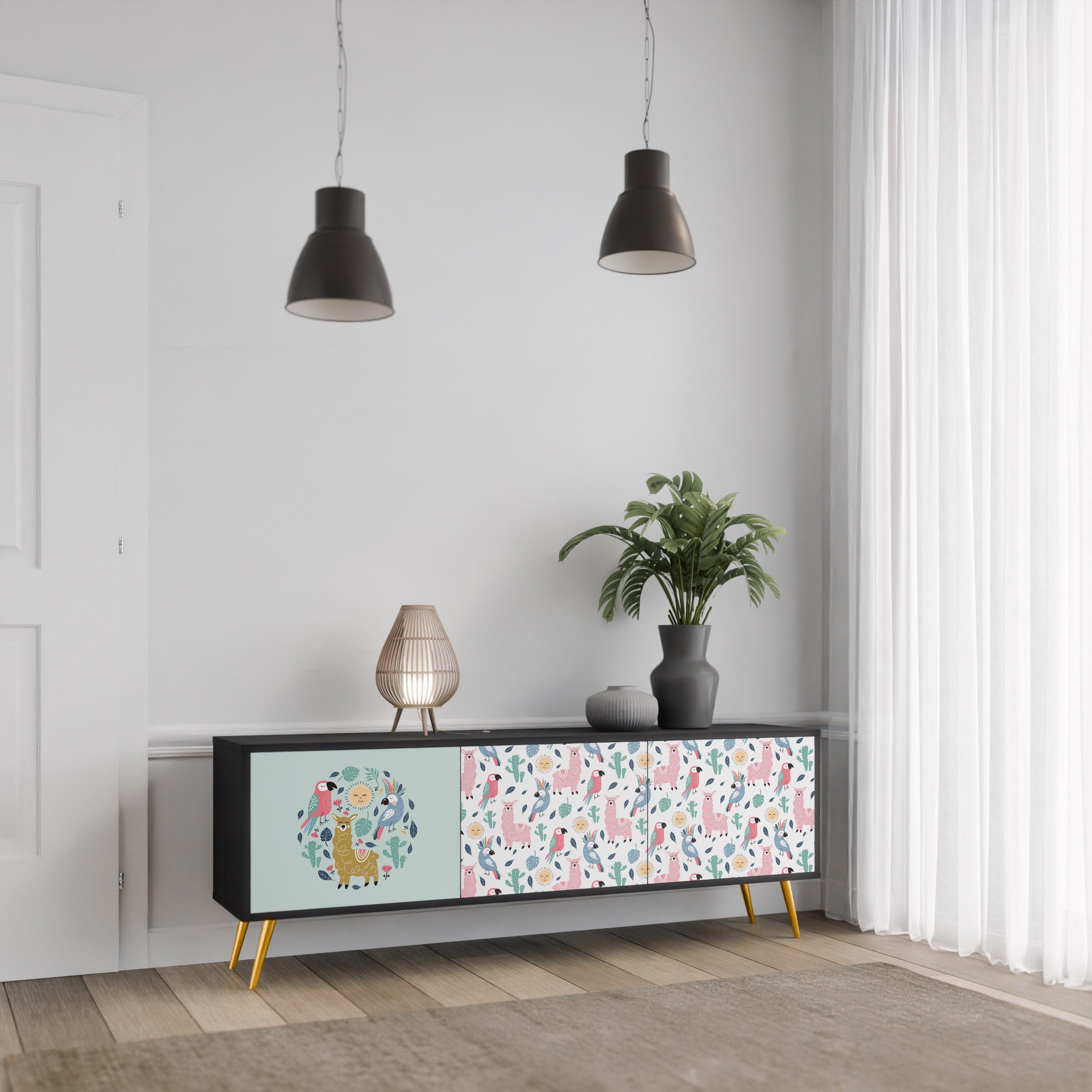 Meuble TV 3 portes COLORFUL ALPACAS finition noire