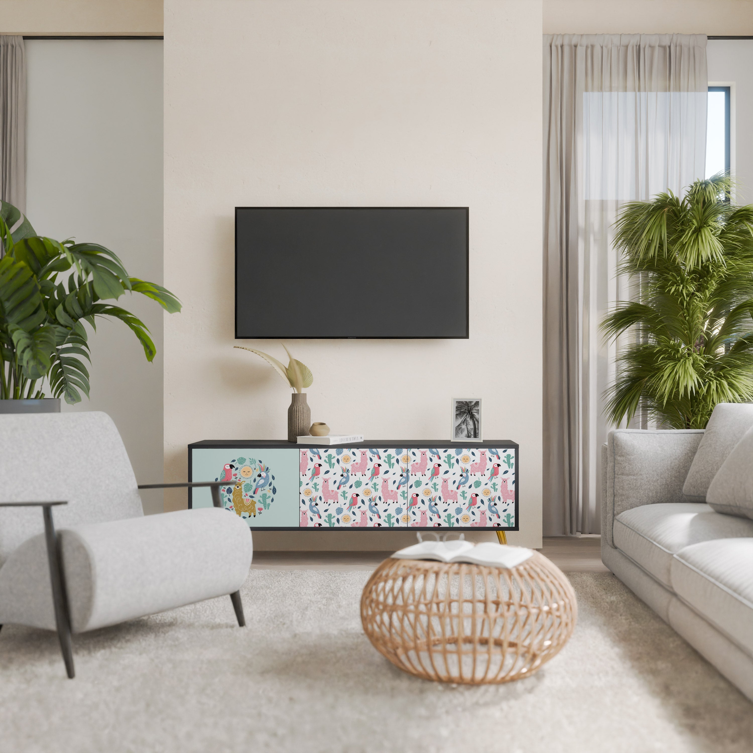 Meuble TV 3 portes COLORFUL ALPACAS finition noire