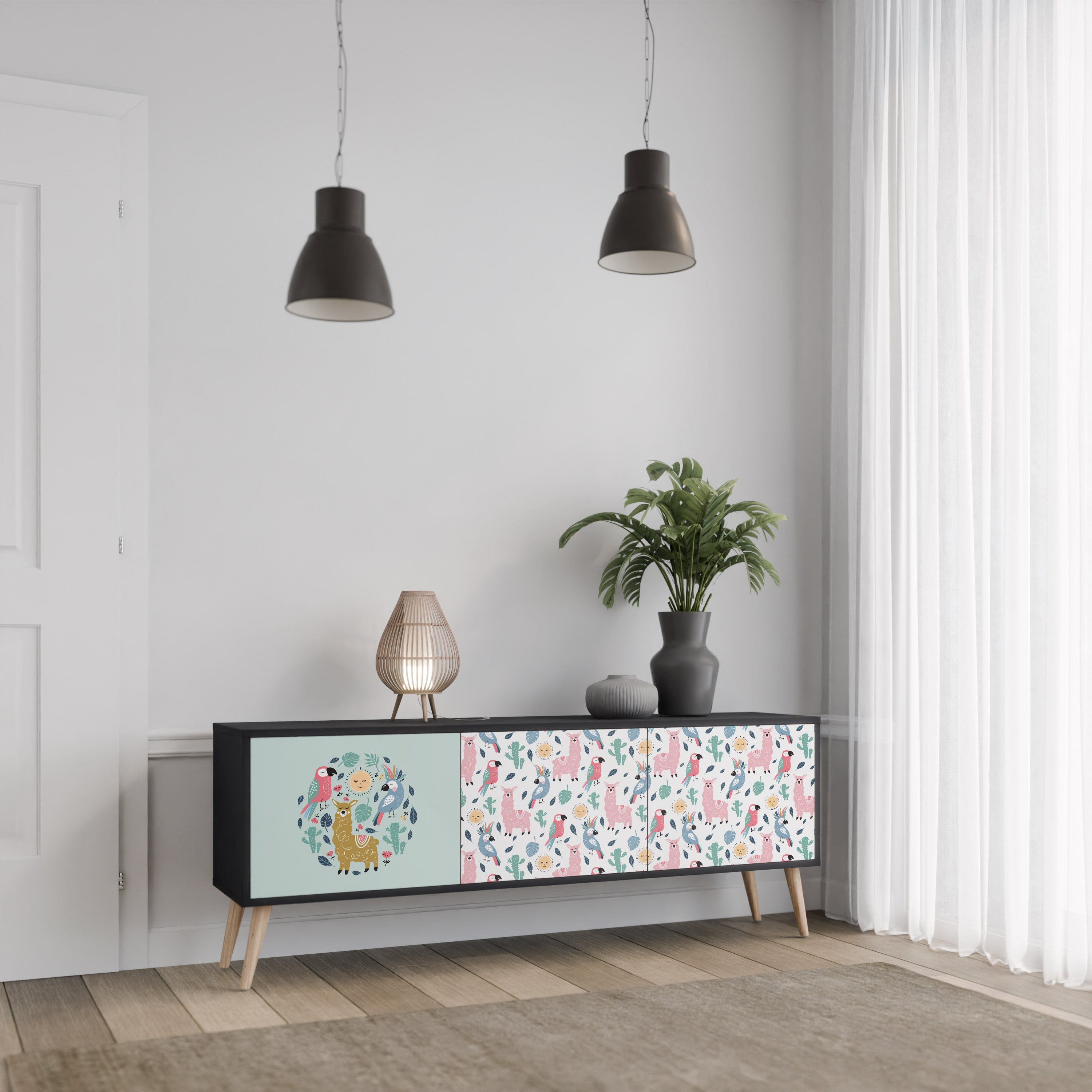 Meuble TV 3 portes COLORFUL ALPACAS finition noire