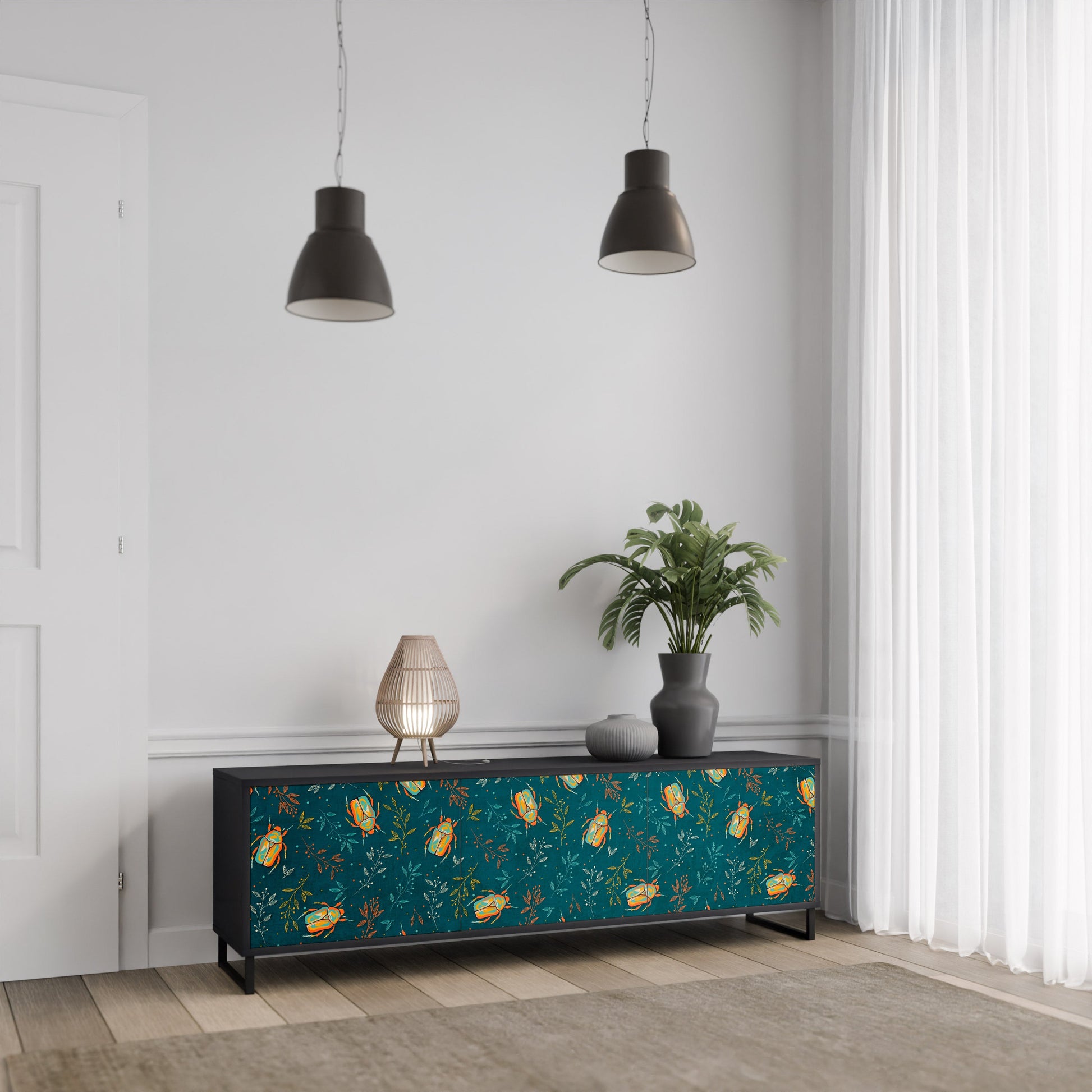 Meuble TV 3 portes AUTUMN INSECTS, finition noire
