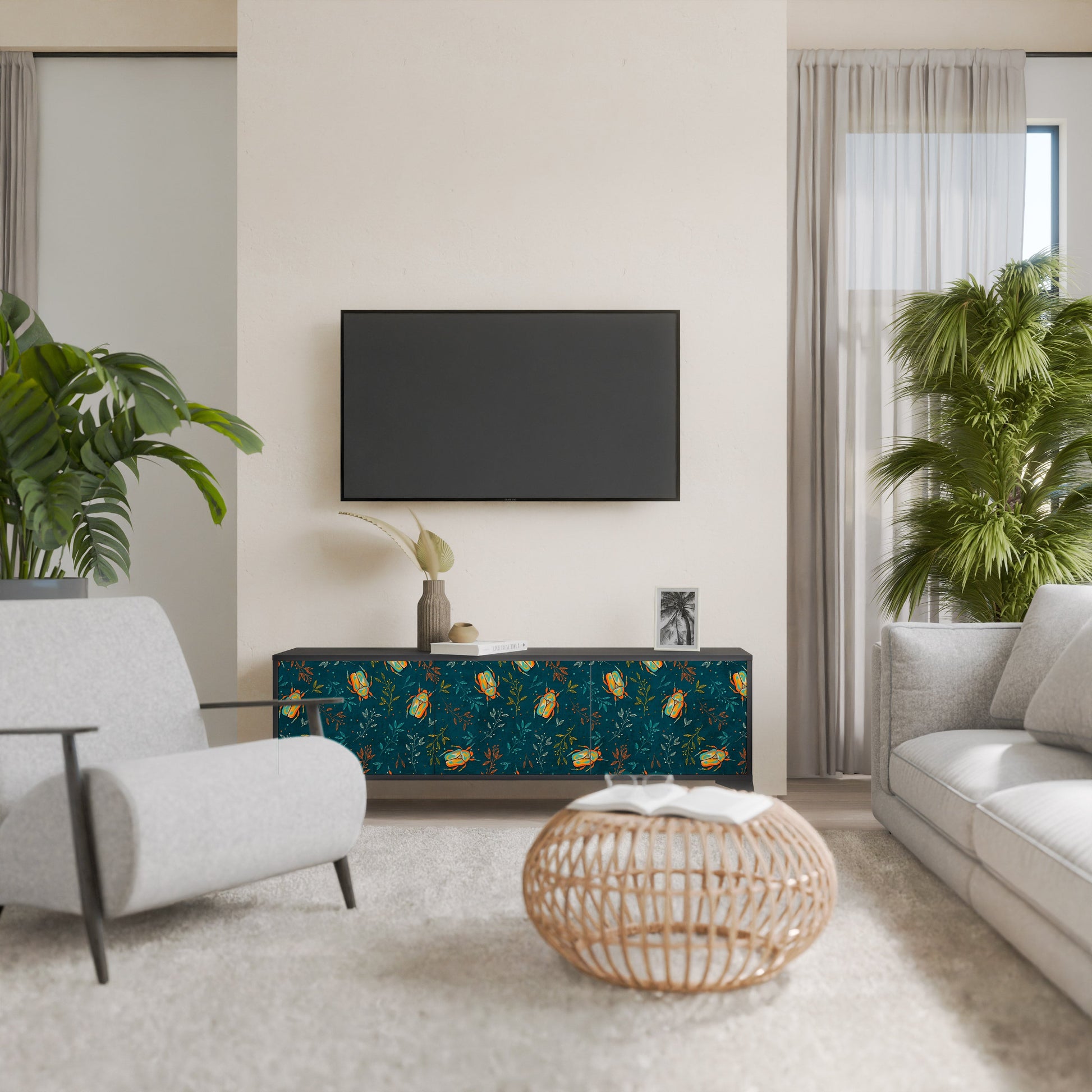 Meuble TV 3 portes AUTUMN INSECTS, finition noire