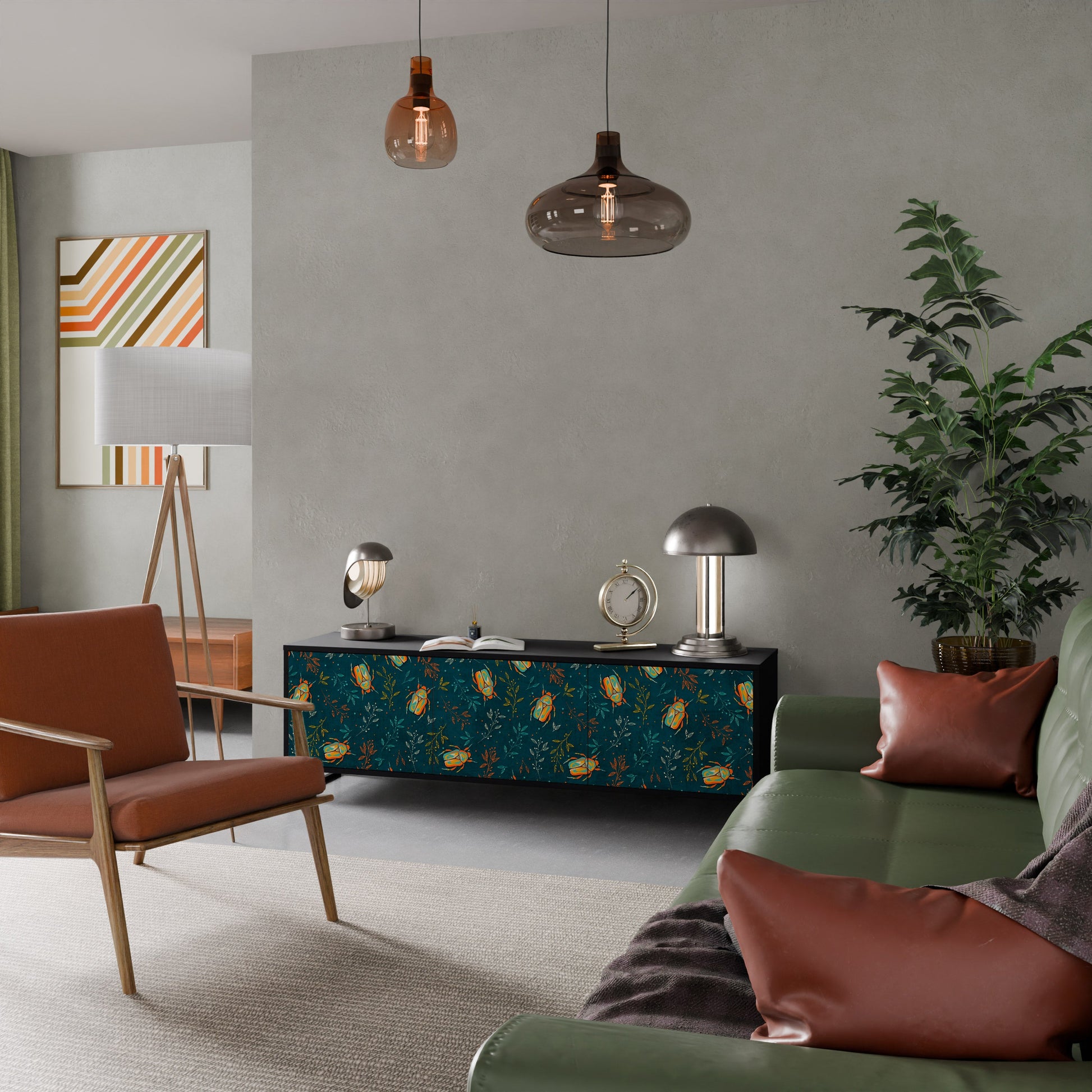Meuble TV 3 portes AUTUMN INSECTS, finition noire