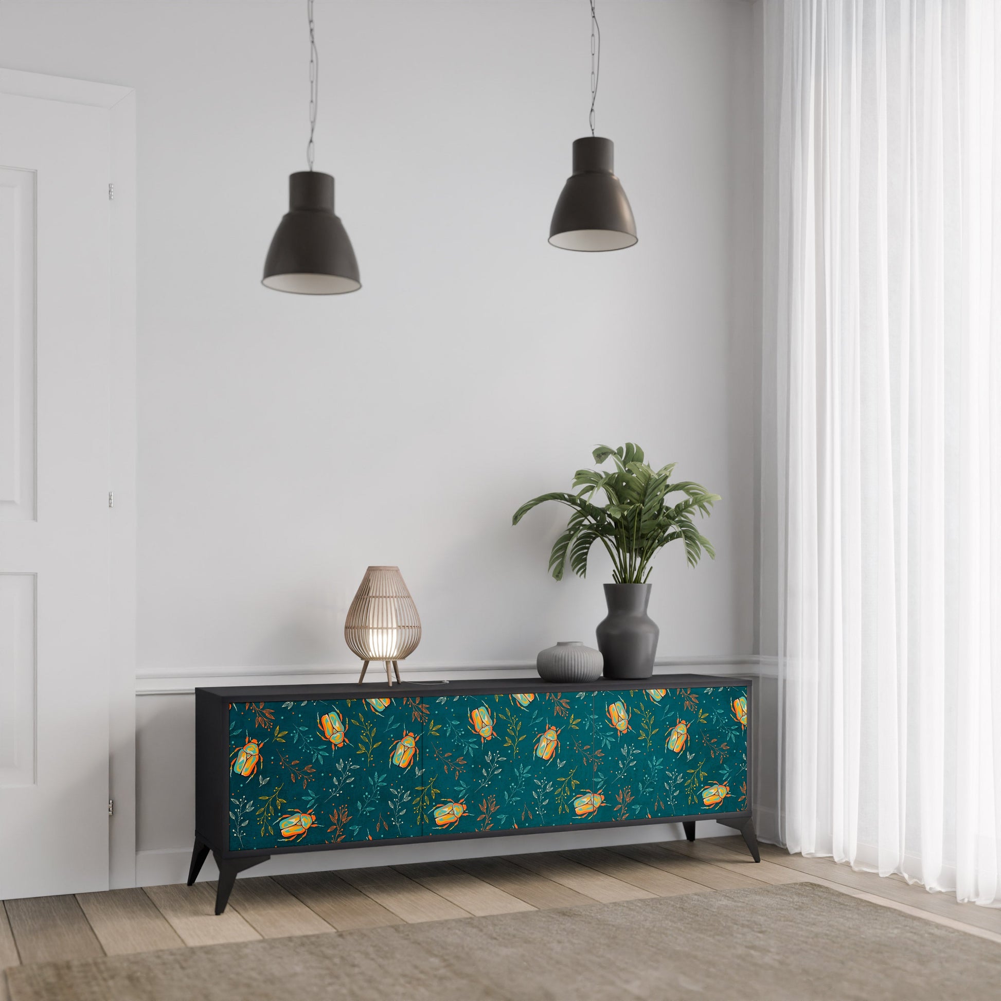 Meuble TV 3 portes AUTUMN INSECTS, finition noire