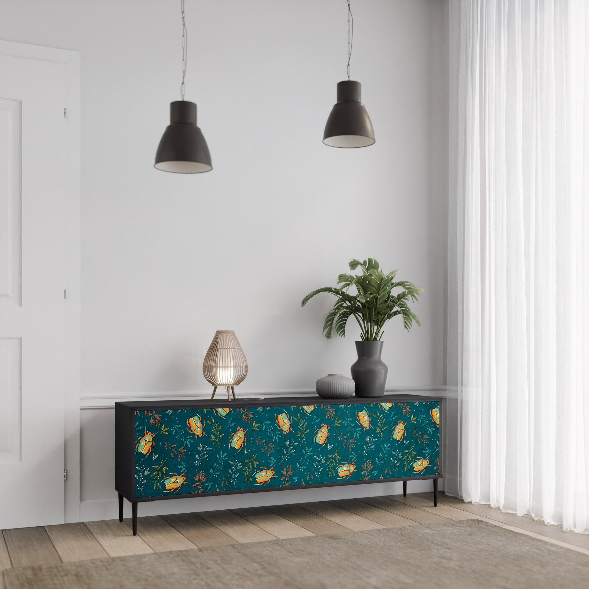 Meuble TV 3 portes AUTUMN INSECTS, finition noire