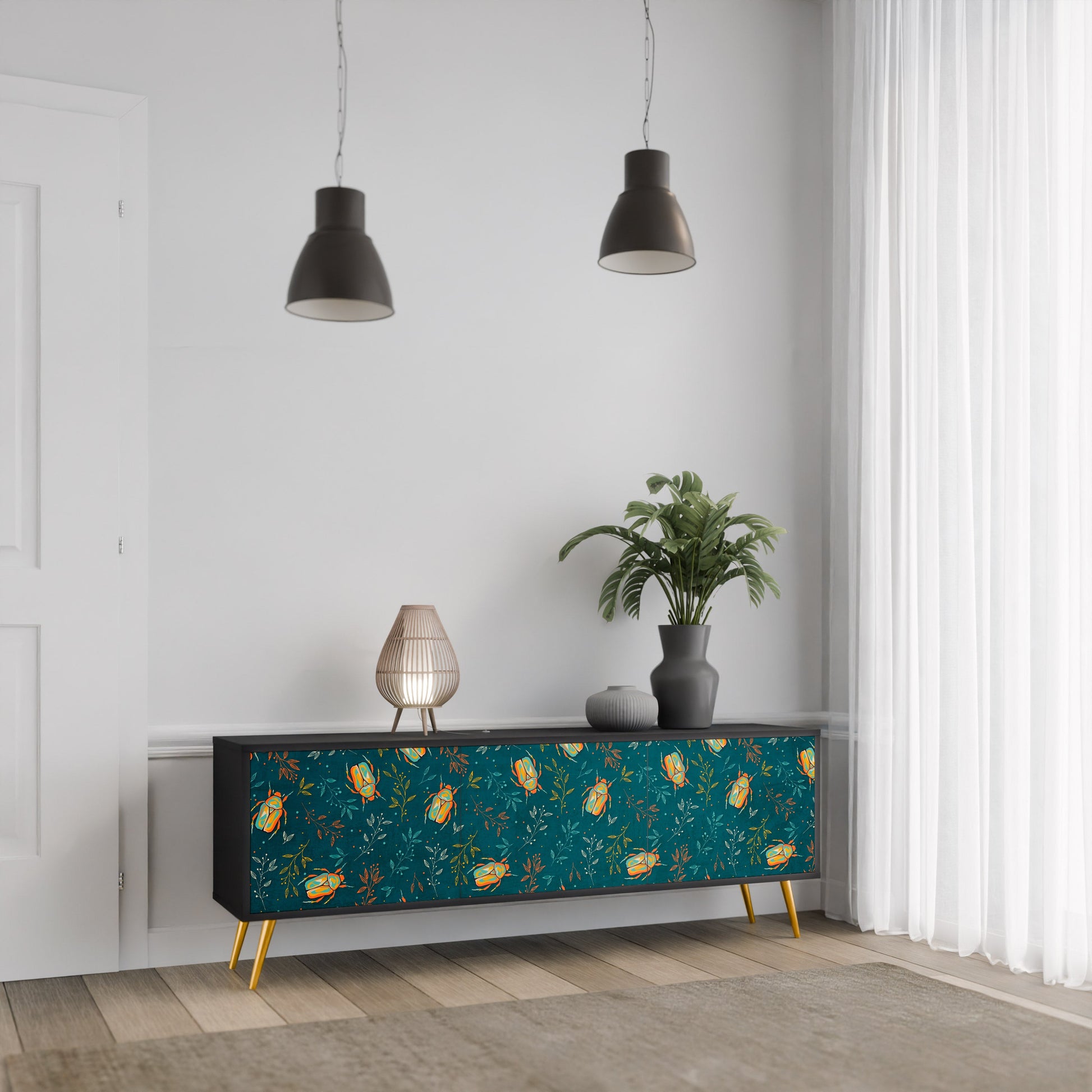 Meuble TV 3 portes AUTUMN INSECTS, finition noire