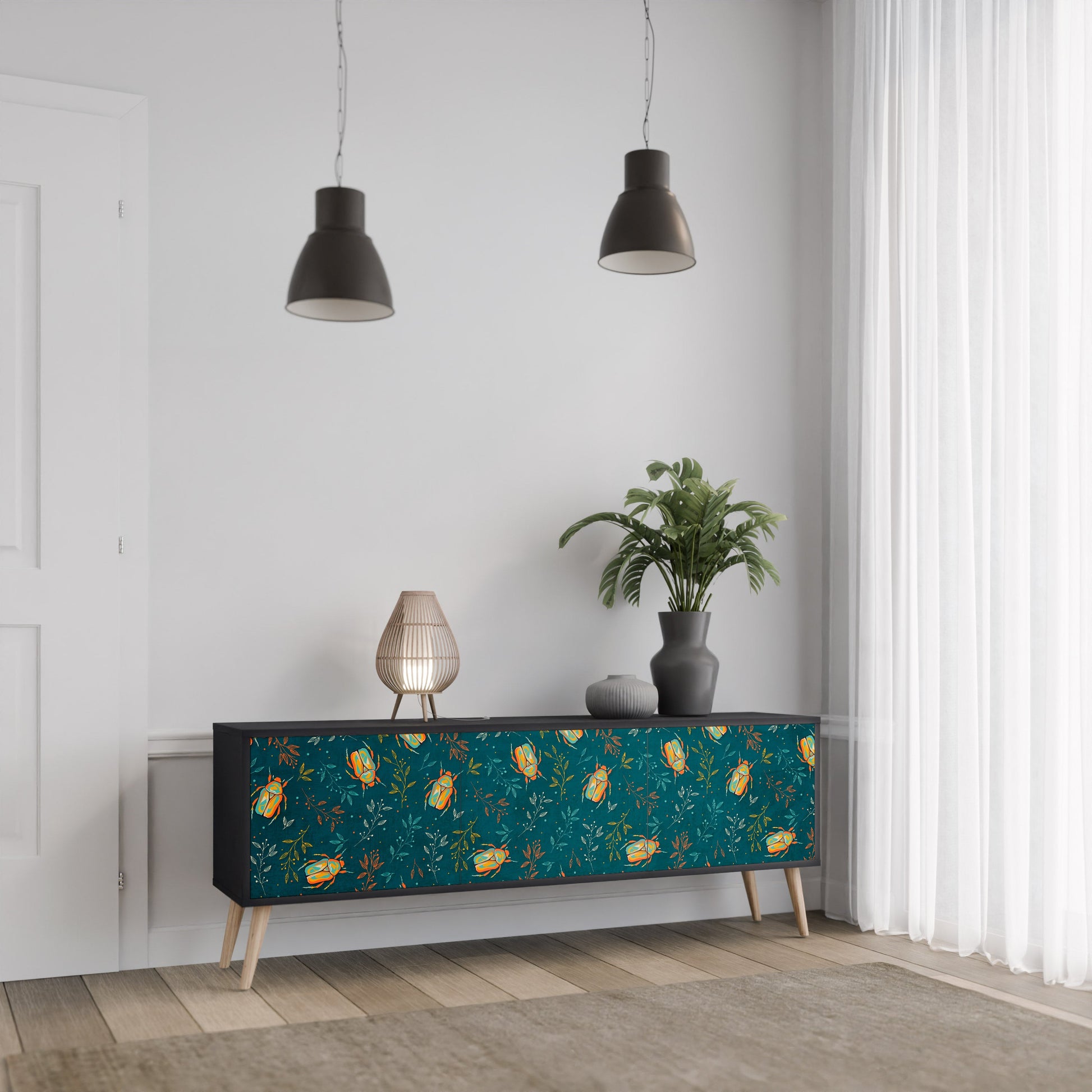 Meuble TV 3 portes AUTUMN INSECTS, finition noire