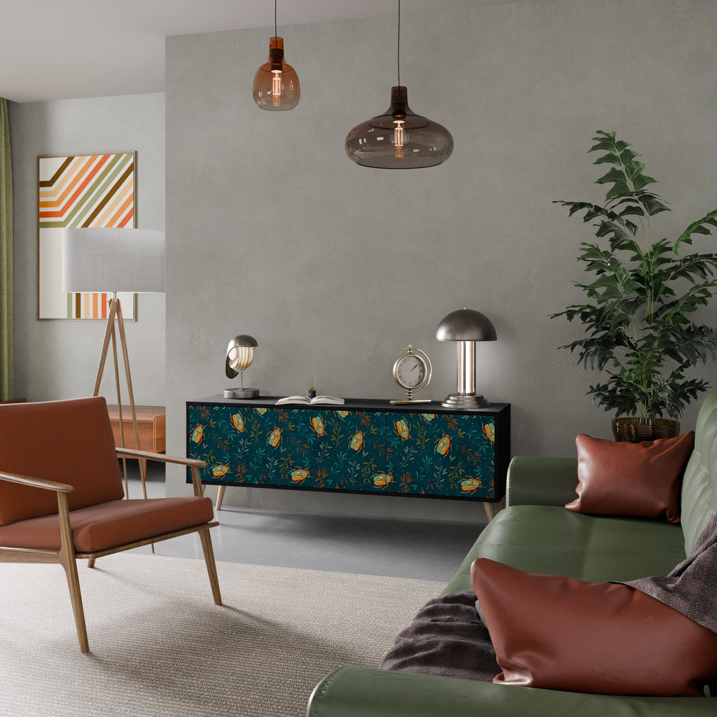 Meuble TV 3 portes AUTUMN INSECTS, finition noire