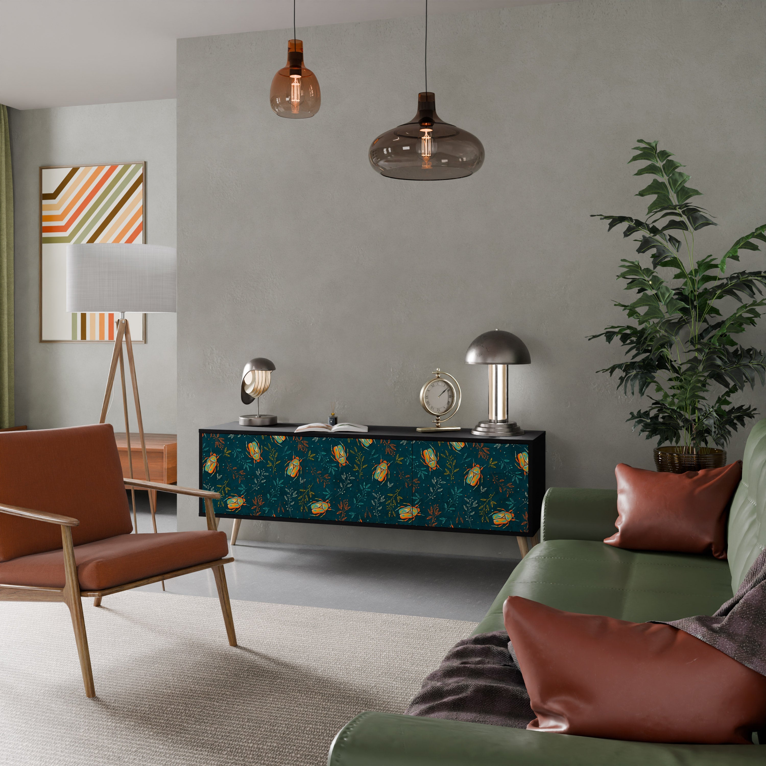 Meuble TV 3 portes AUTUMN INSECTS, finition noire