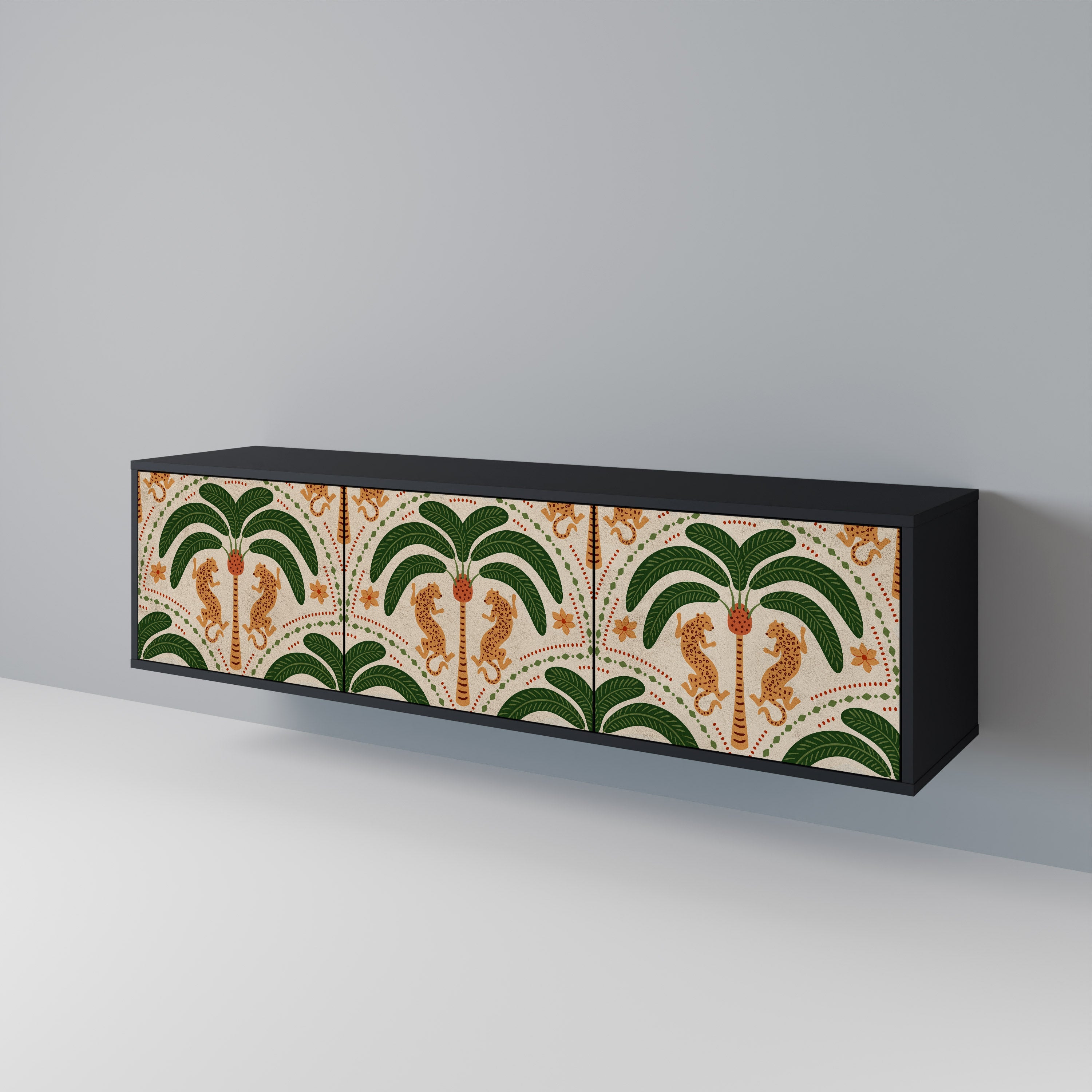 Meuble TV 3 portes DANCING PREDATORS, finition noire